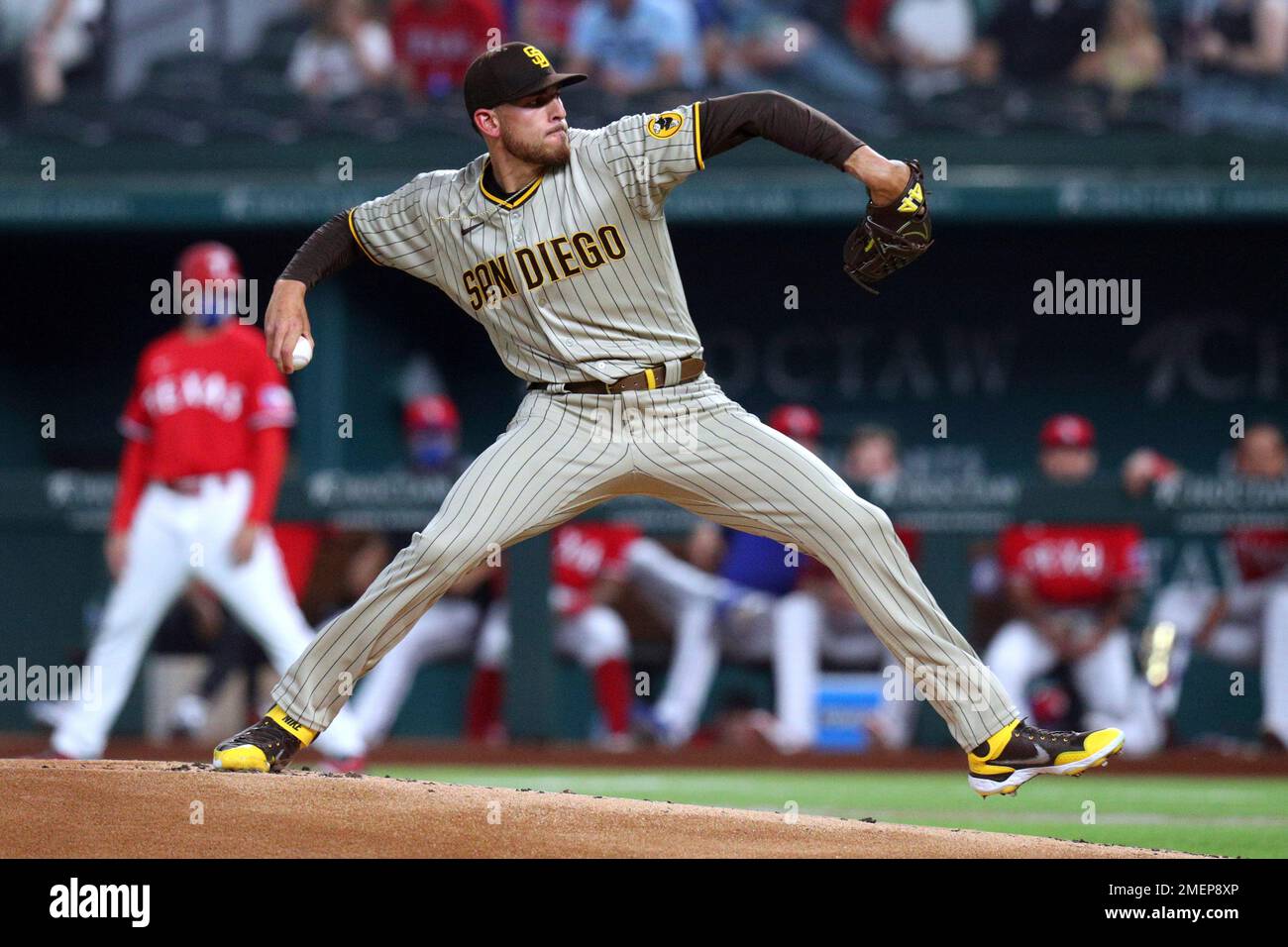 San Diego Padres starting pitcher Joe Musgrove throws to a Texas