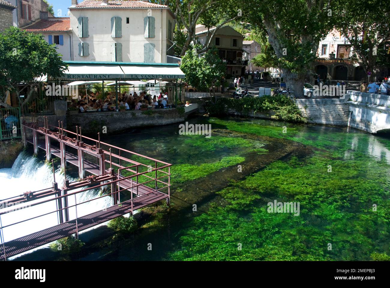 France, Vaucluse, Fontaine-de-Vaucluse, river at La Vanne Marel restaurant Stock Photo