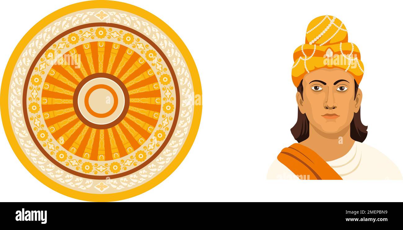 Illustration of Emperor Ashoka and the Ashoka chakra Stock Photo