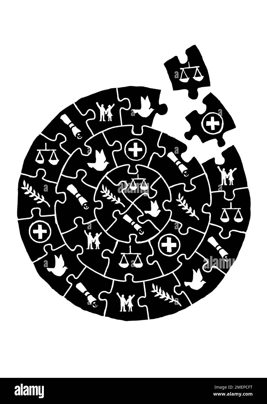 Pieces of a puzzle coming together to form a picture with objects