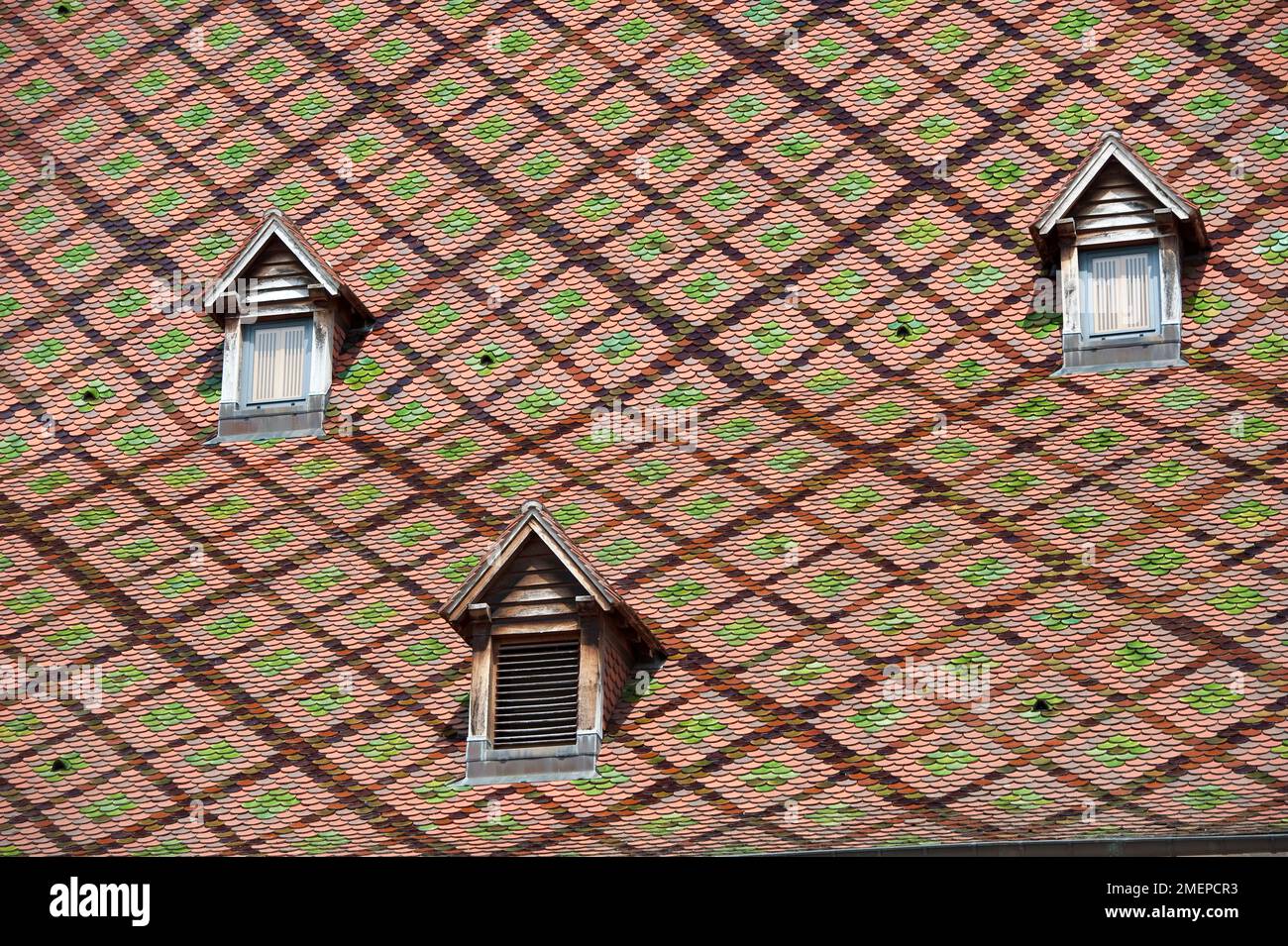 France, Franche-Comte, Besancon, Palais Granvelle, toit bourguignon roof and dormer windows, close-up Stock Photo
