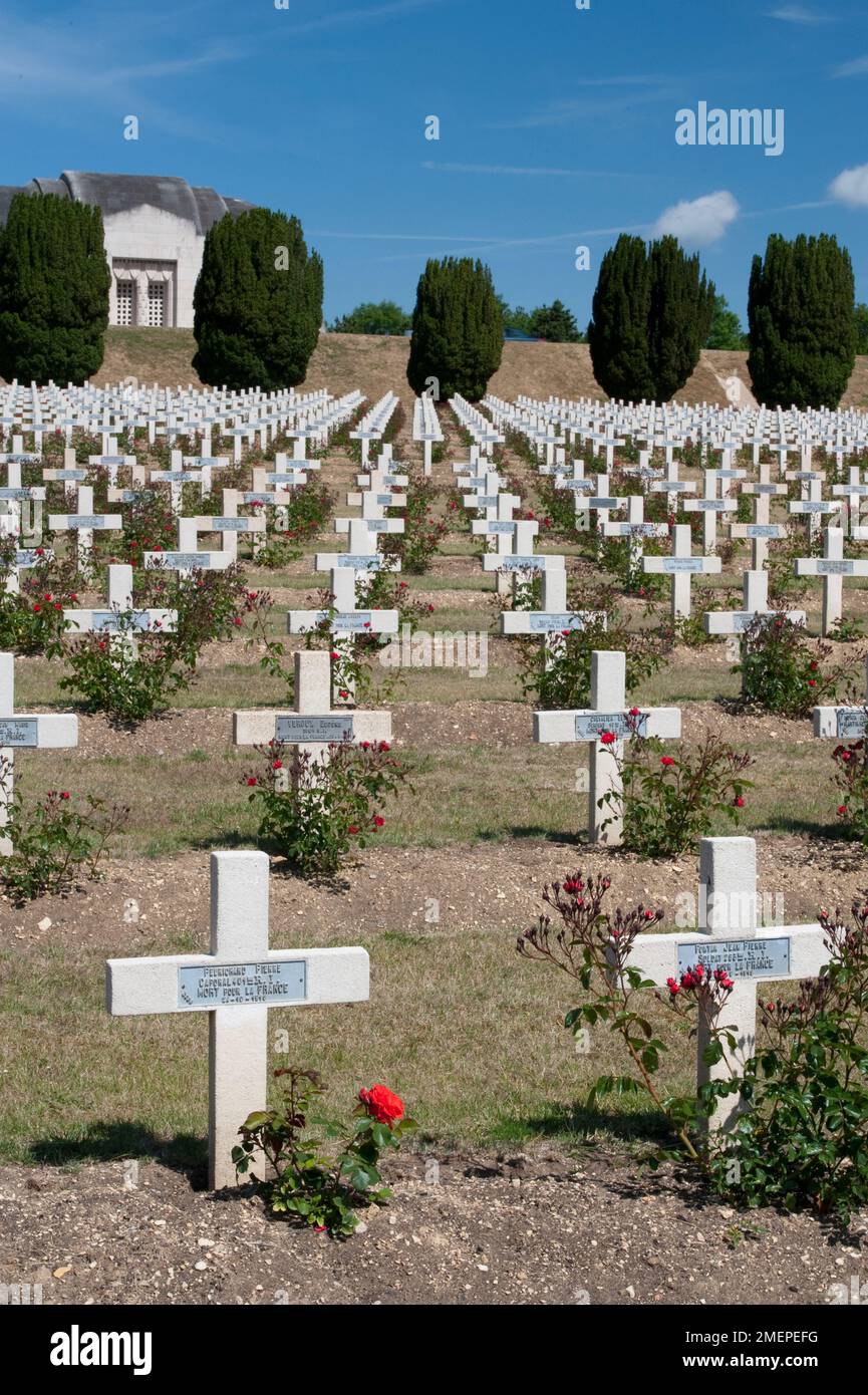 France, Lorraine, Meuse, Verdun, Douaumont Ossuary (L'ossuaire de Douaumont), rows of crosses at war cemetery Stock Photo