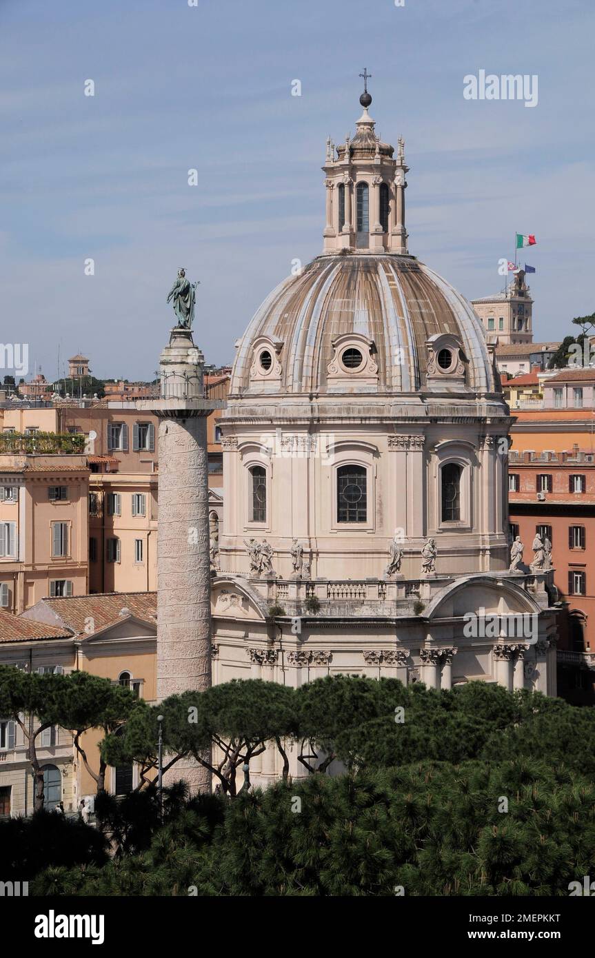 Italy, Lazio, Rome, Fori Imperiali, Trajan's Column with church dome ...