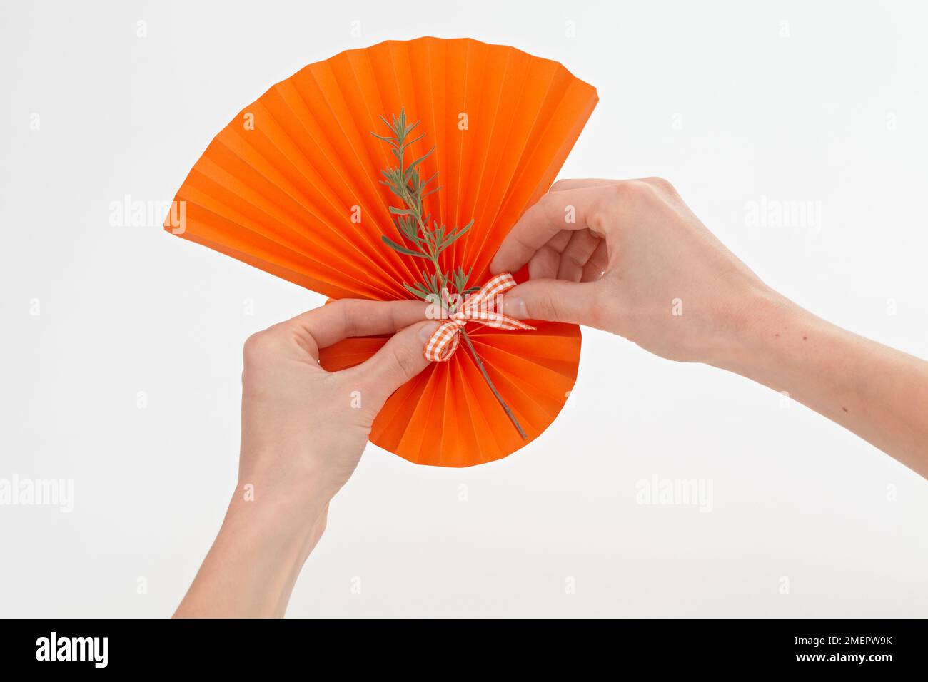 Tying a ribbon bow to fanned-out concertina paper, close-up Stock Photo