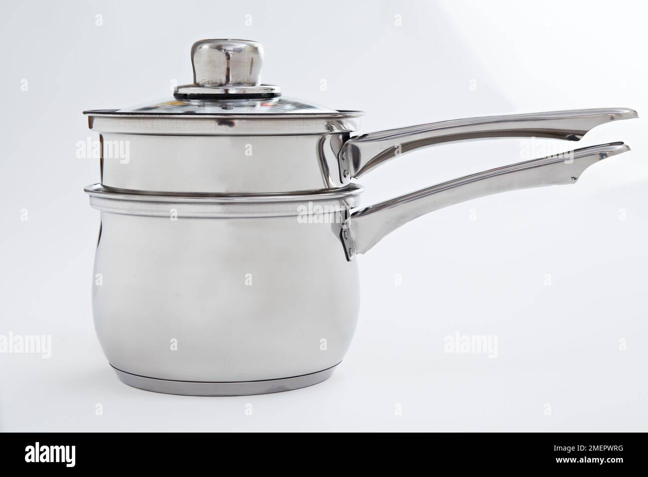 Stainless steel doubleboiler pans, closeup Stock Photo Alamy