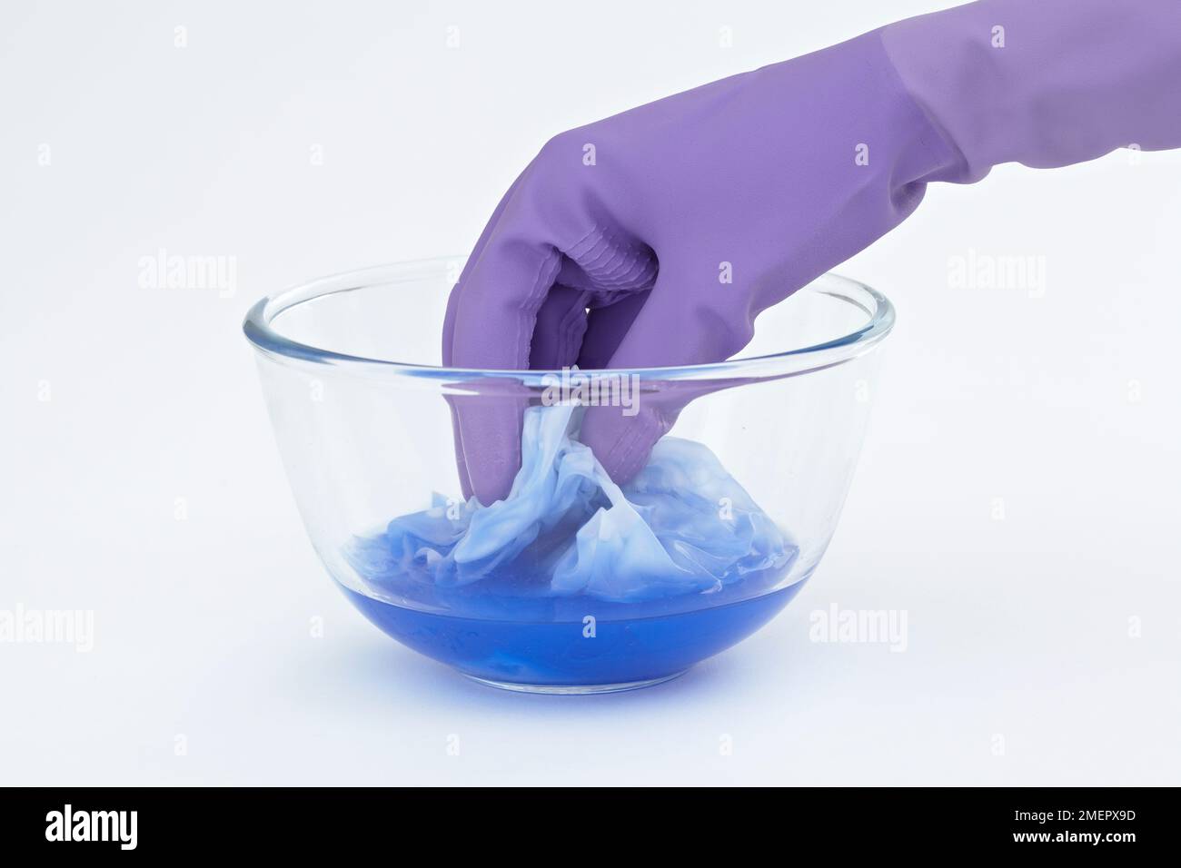 Wearing rubber gloves to dip silk in blue paint in water in glass bowl, close-up Stock Photo