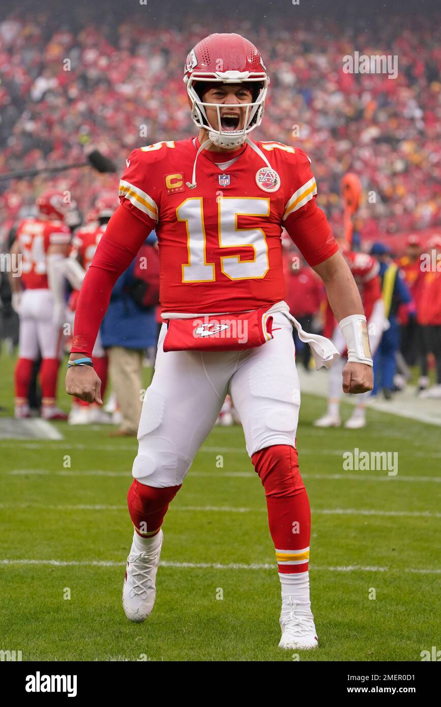 Kansas City Chiefs quarterback Patrick Mahomes runs onto the field during  team introductions prior to an NFL Divisional Playoff football game against  the Jacksonville Jaguars Saturday, Jan. 21, 2023, in Kansas City,