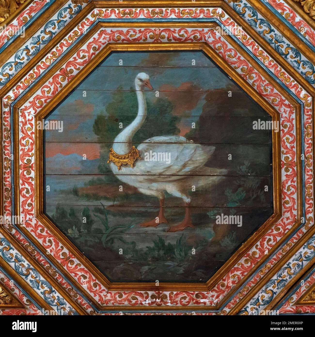 The Room of the Swans: square format view of one of the 30 crowned swans painted in the 1400s on the ceiling of the Sala dos Cisnes in the Palácio Nacional, the royal summer palace at Sintra, near Lisbon, Portugal.  The birds, an heraldic symbol, recall England’s Lancastrian royal dynasty and the marriage in 1387 of Philippa of Lancaster to the Portuguese monarch, King John I. Stock Photo