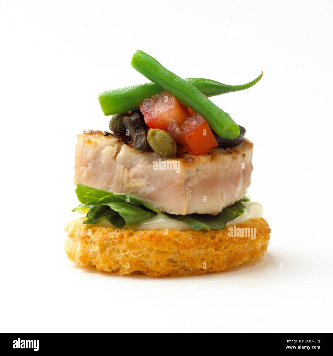 Seared tuna nicoise croute with olive, caper and green bean, canape ...
