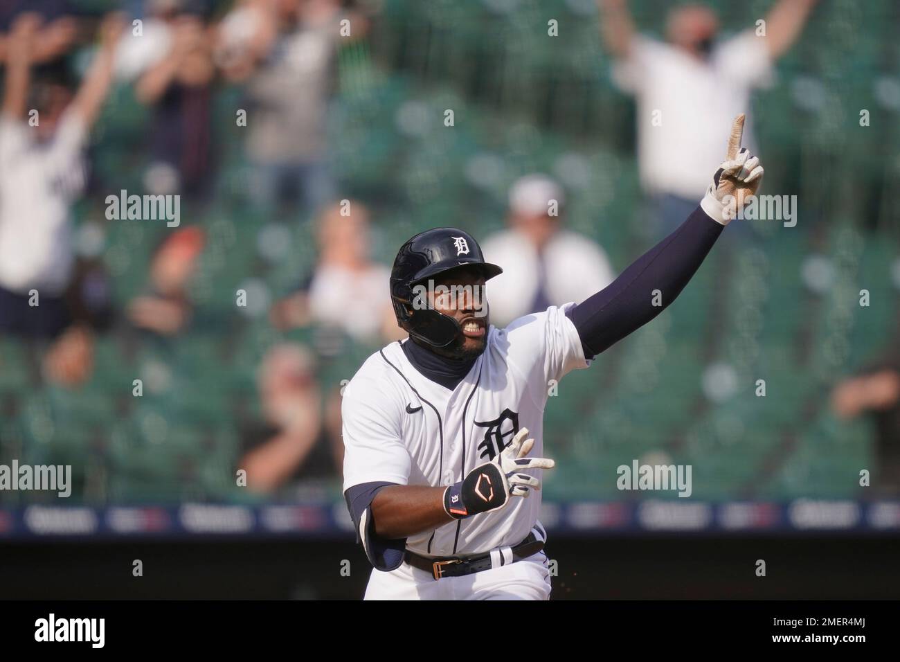 Detroit Tigers' Akil Baddoo reacts after hitting the walk off game ...