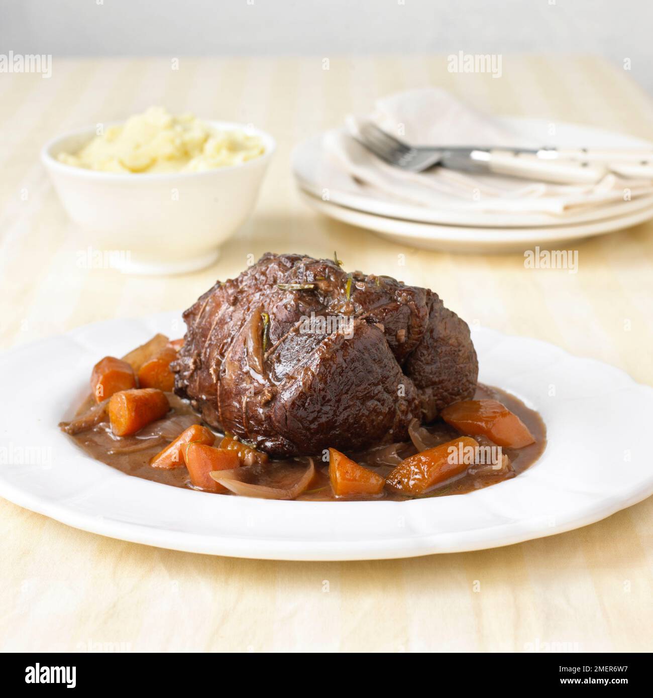 Pot roast beef, carrot and onion gravy Stock Photo Alamy