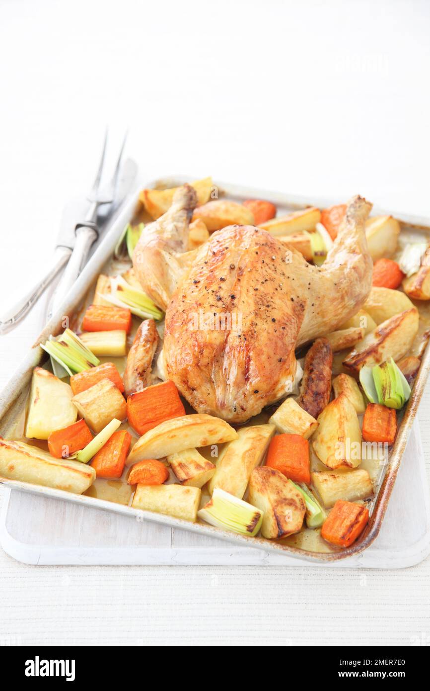 Tray of roast chicken, potatoes, parsnip and carrot Stock Photo Alamy