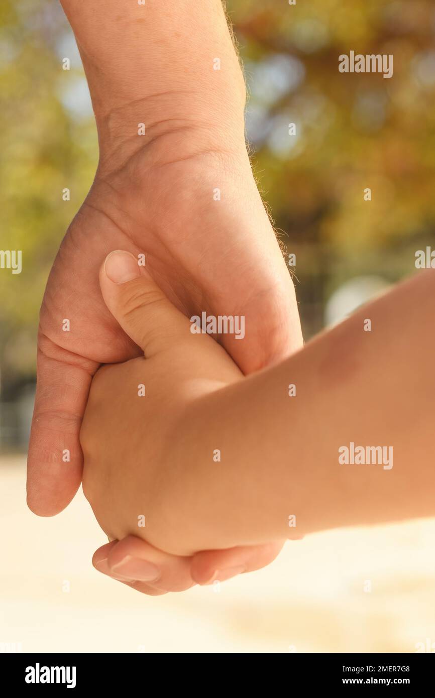 Mother and toddler son holding hands outdoor while walking to park, parental love and closeness with child concept Stock Photo