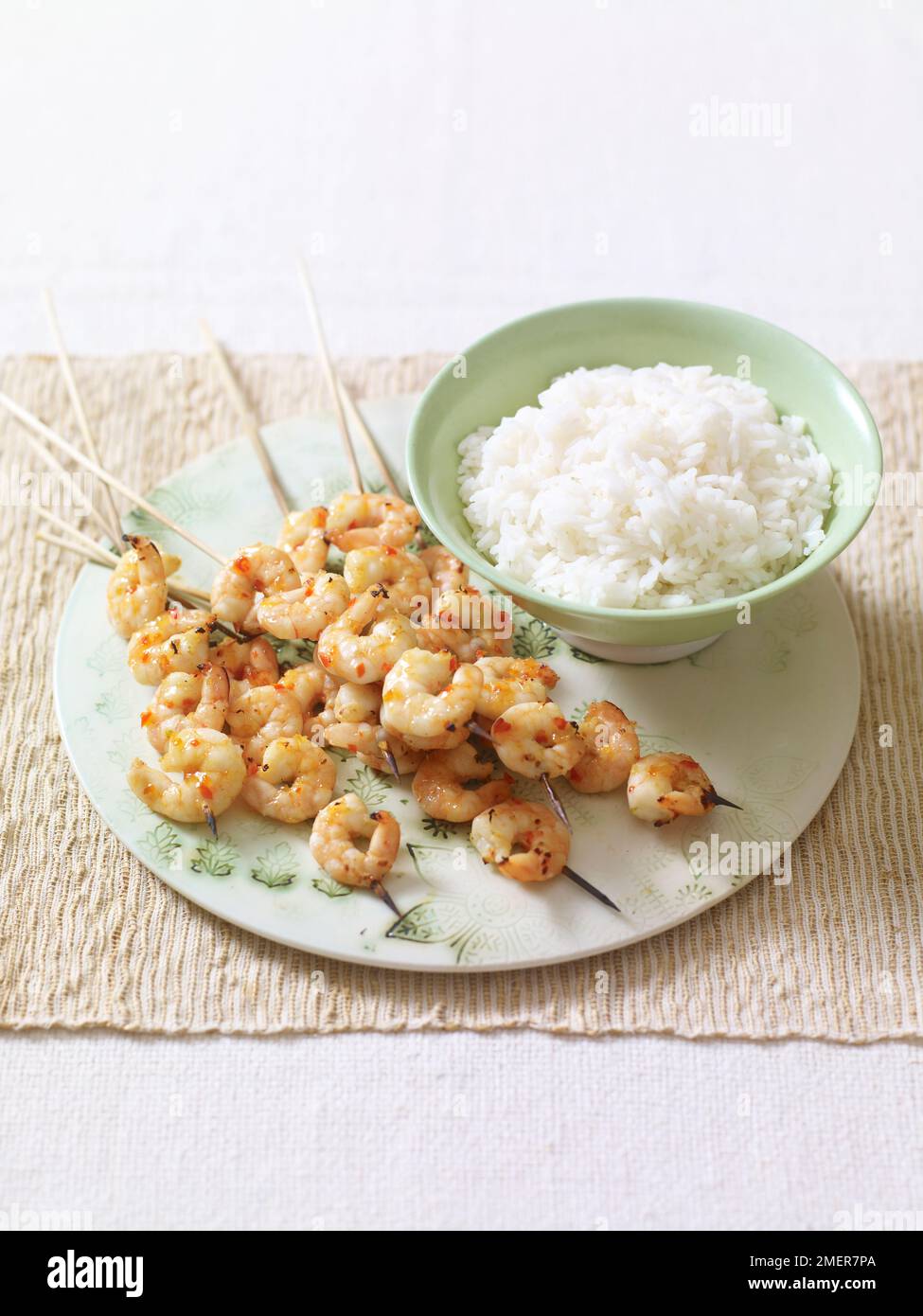 Chilli prawn skewers and rice Stock Photo Alamy
