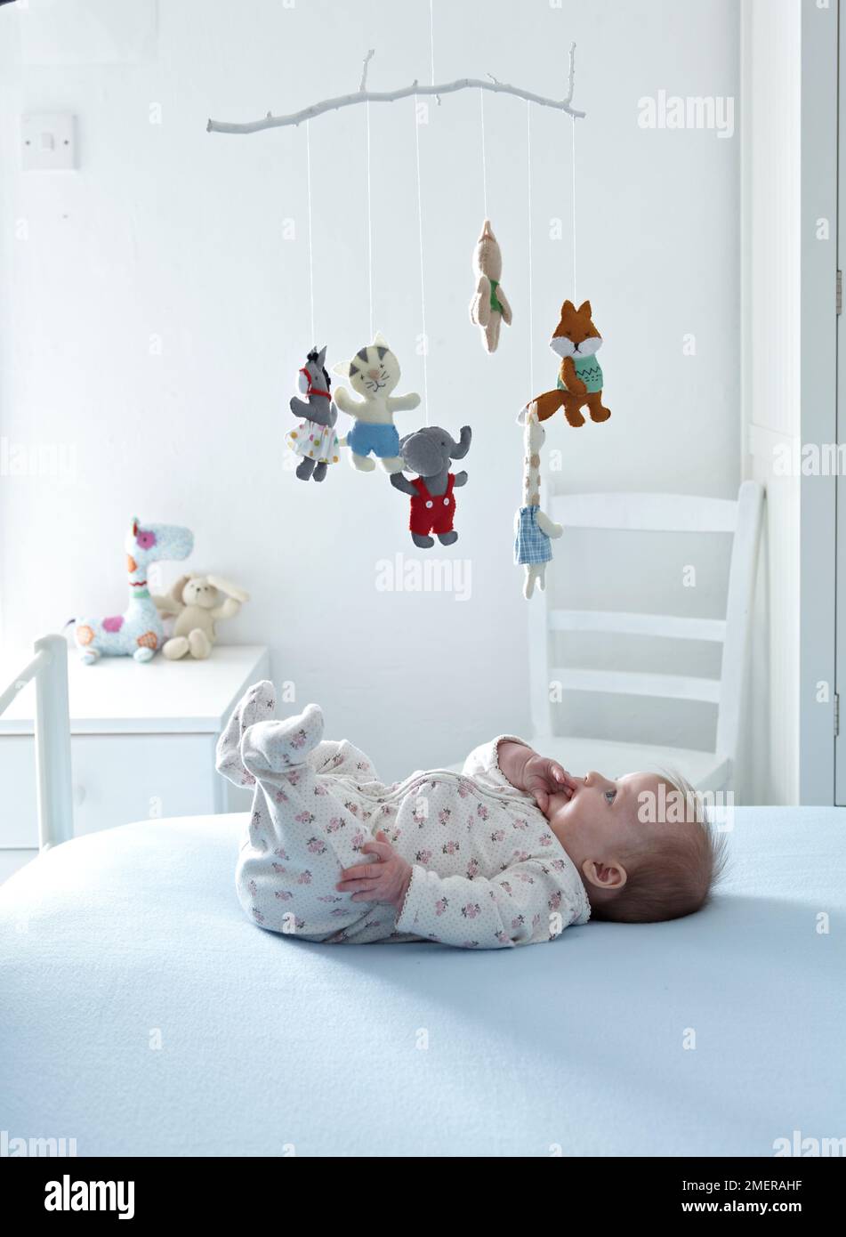 Baby girl lying on back looking up at animal mobile, 3 months Stock Photo