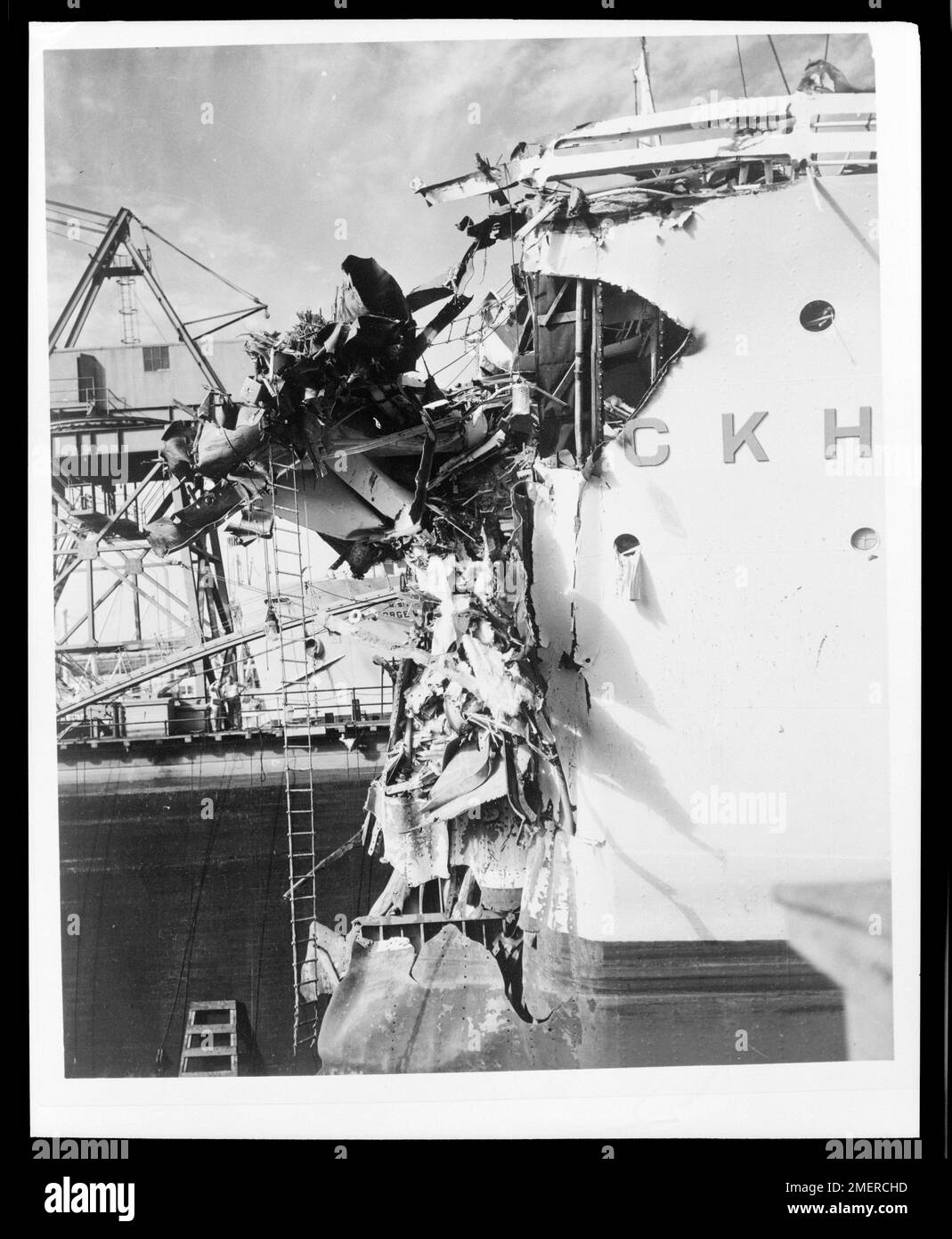 SS Stockholm in Drydock at Pier 97, New York, After Collision with Andrea Doria. [One of nine] 9 pics copied for Merchant Marine Technical borrowed by MMT from files of Merchant Marine Fisheries Committee (Photos taken by A. Miller of Bethlehem Steel Corp.). Stock Photo