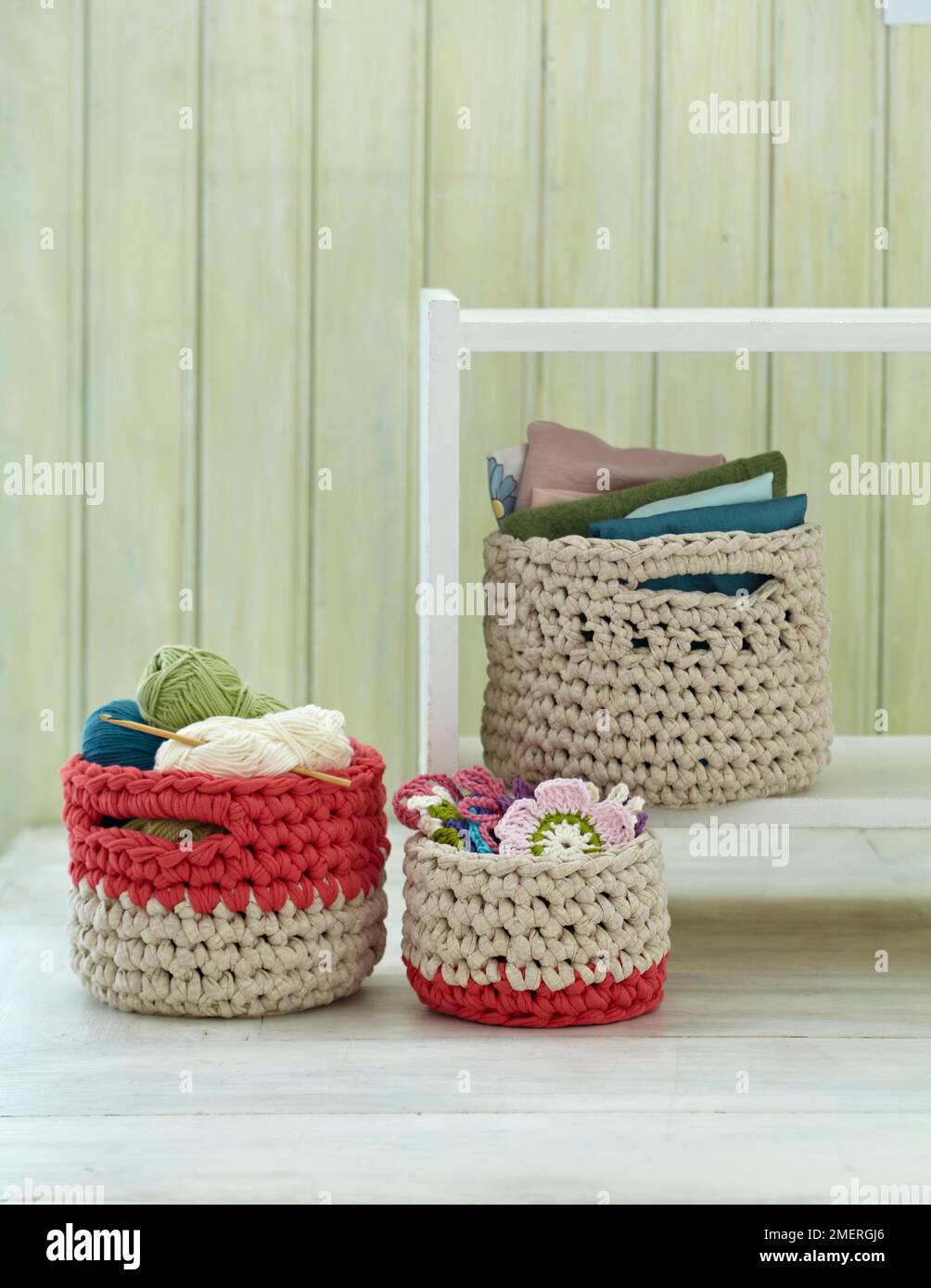 Crocheted structured baskets Stock Photo