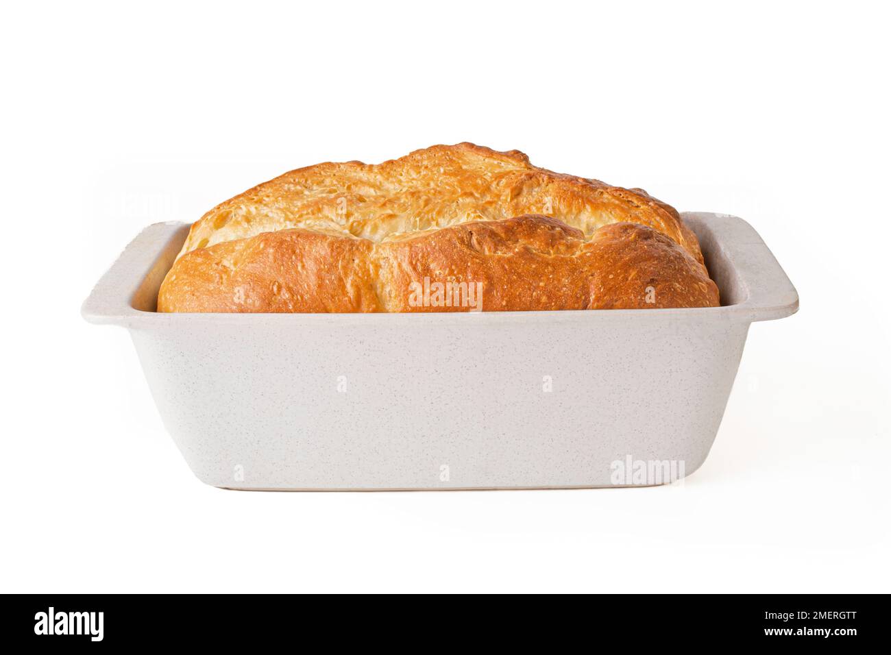 A loaf of homemade white bread in a loaf pan Stock Photo Alamy