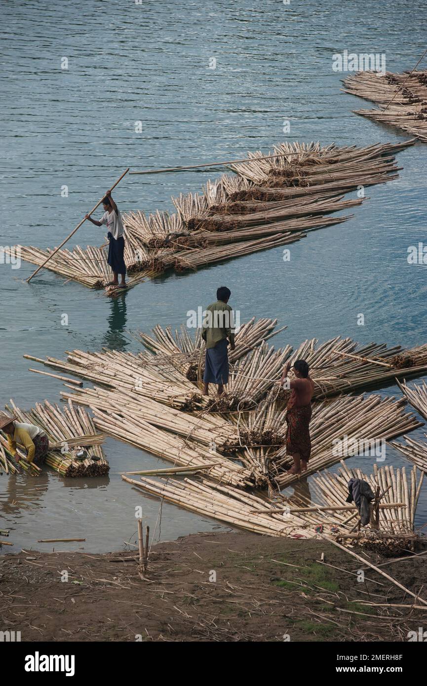 Myanmar, Western Myanmar, Mrauk U, Chin river, villagers making bamboo rafts at boatyard Stock Photo