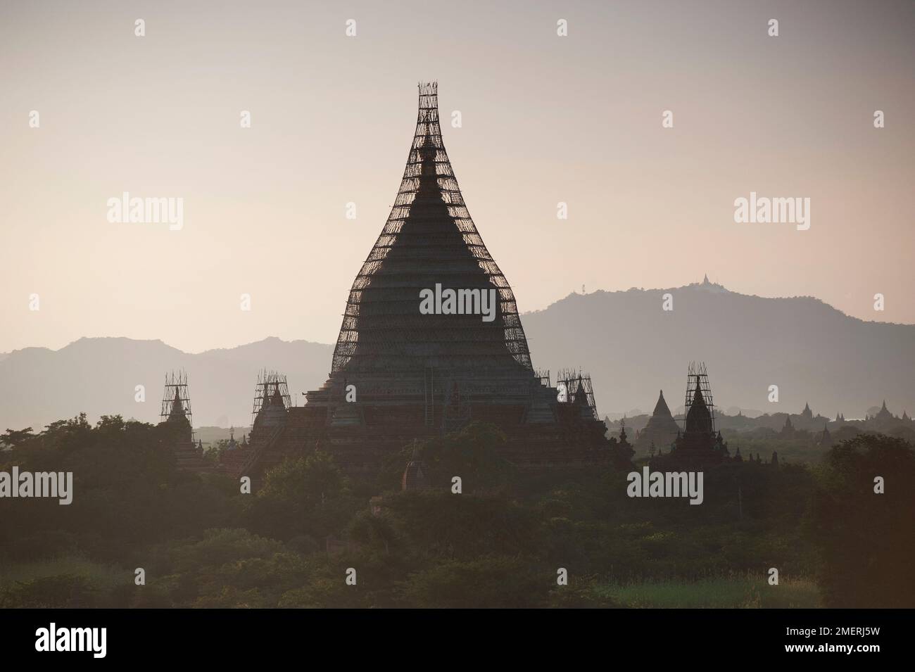 Myanmar, Western Myanmar, Bagan, sunset over Southern Plain ...