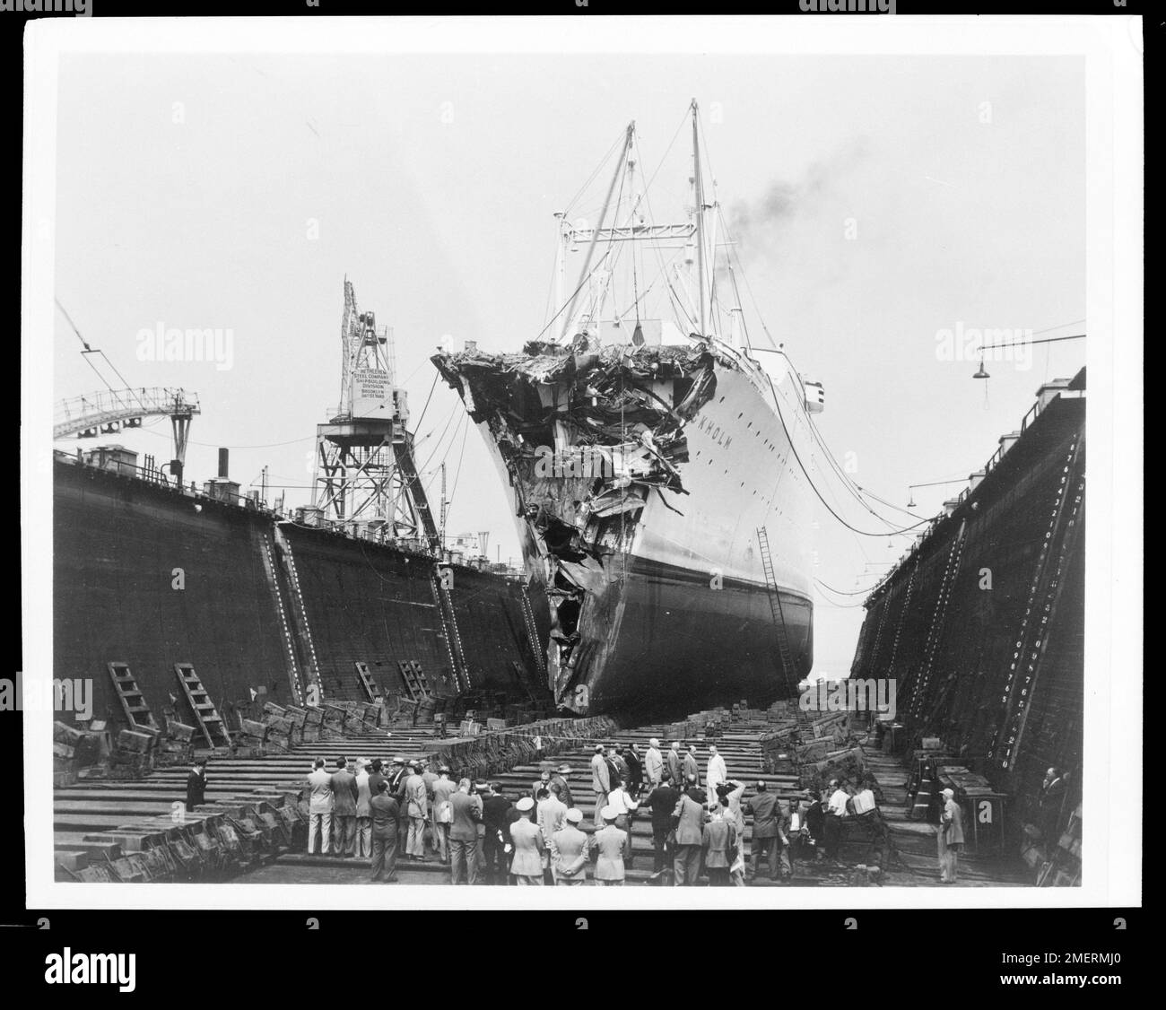 SS Stockholm in Drydock at Pier 97, New York, After Collision with Andrea Doria. [One of nine] 9 pics copied for Merchant Marine Technical borrowed by MMT from files of Merchant Marine Fisheries Committee (Photos taken by A. Miller of Bethlehem Steel Corp.). Stock Photo