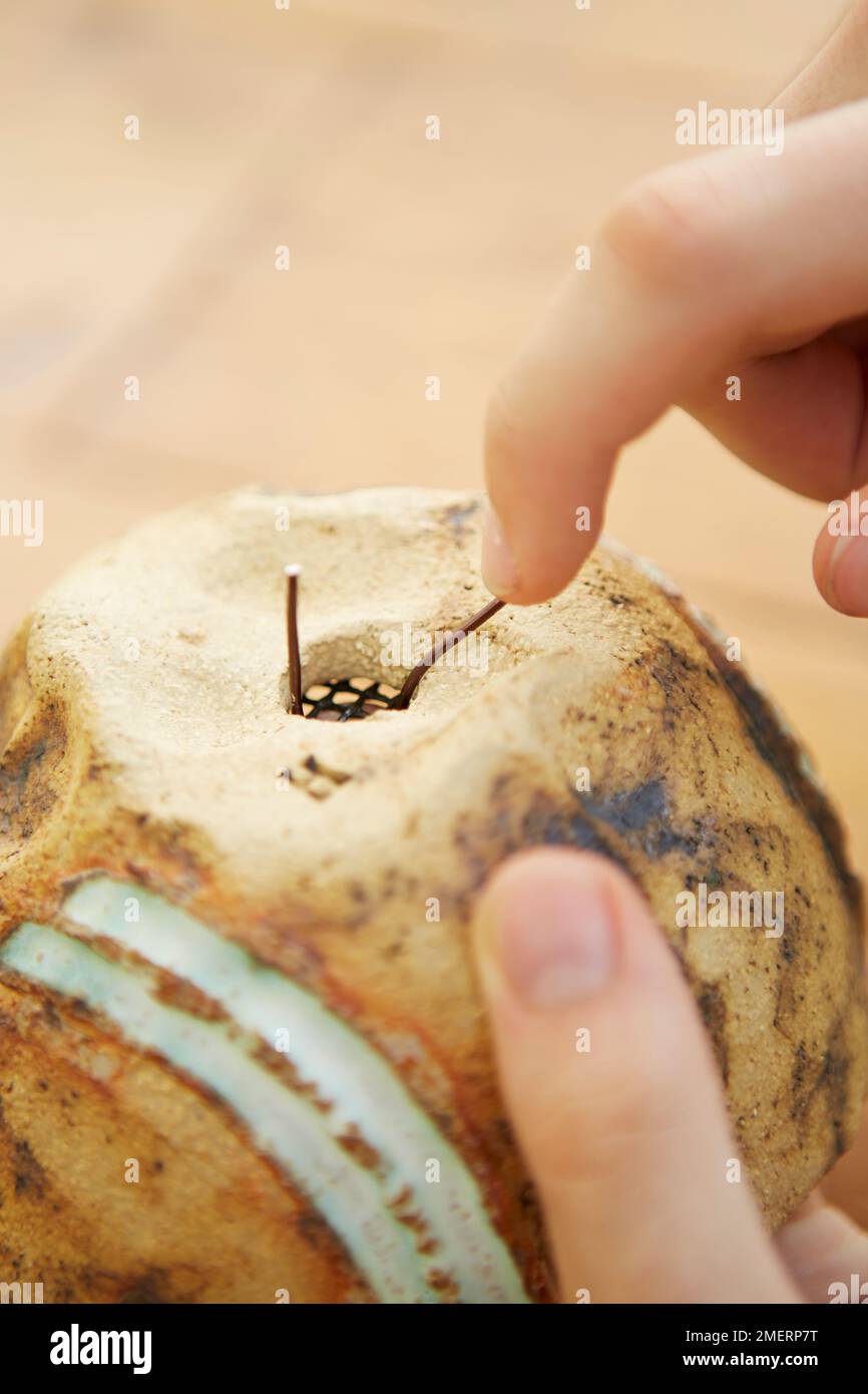 Instant bonsai, fixing mesh over drainage hole using wire Stock Photo Alamy