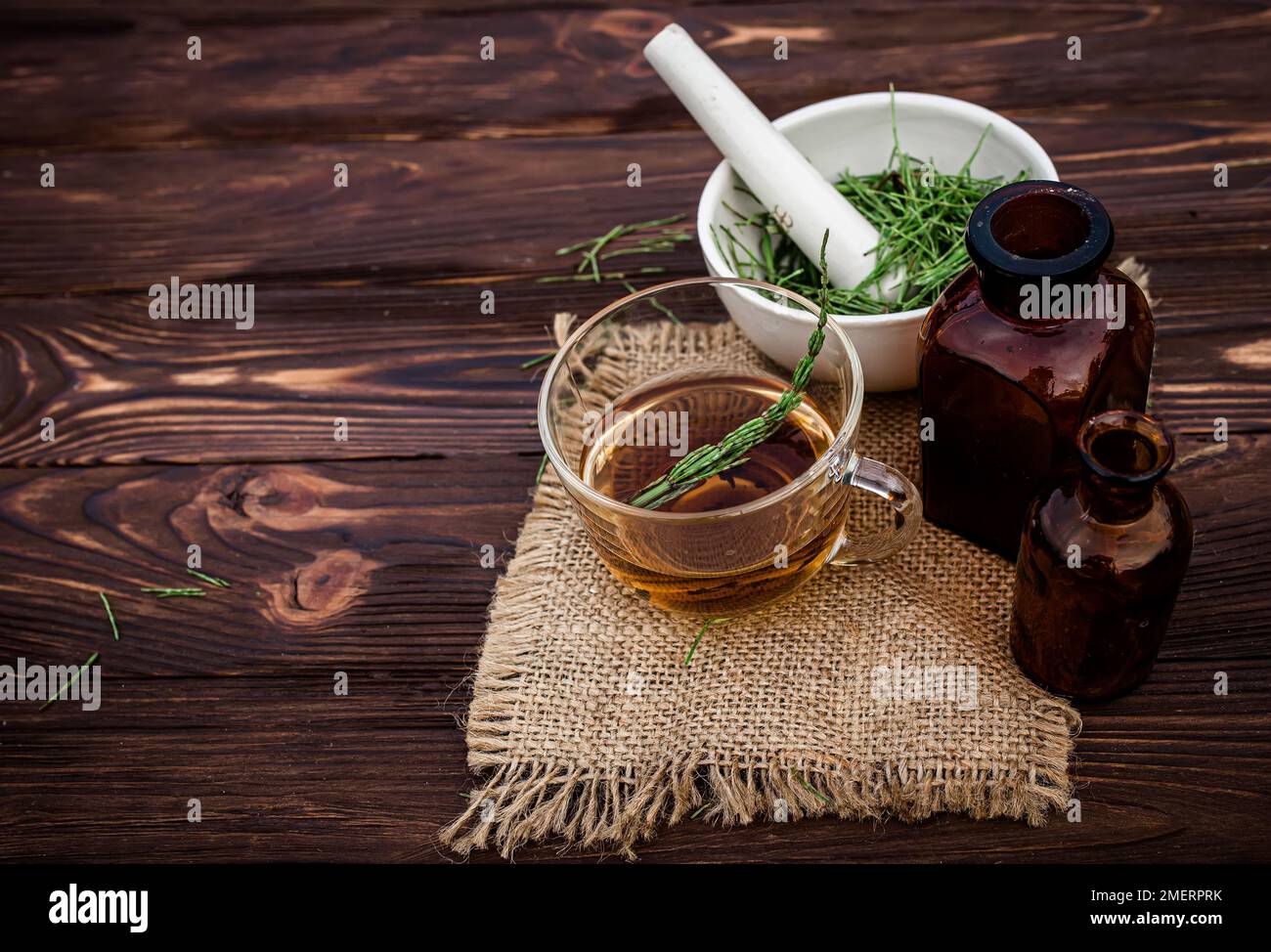 Cup Of Tea From Horsetail Made From Fresh Potion From Pharmacy Mortar cup-of-tea-from-horsetail-made-from-fresh-potion-from-pharmacy-mortar