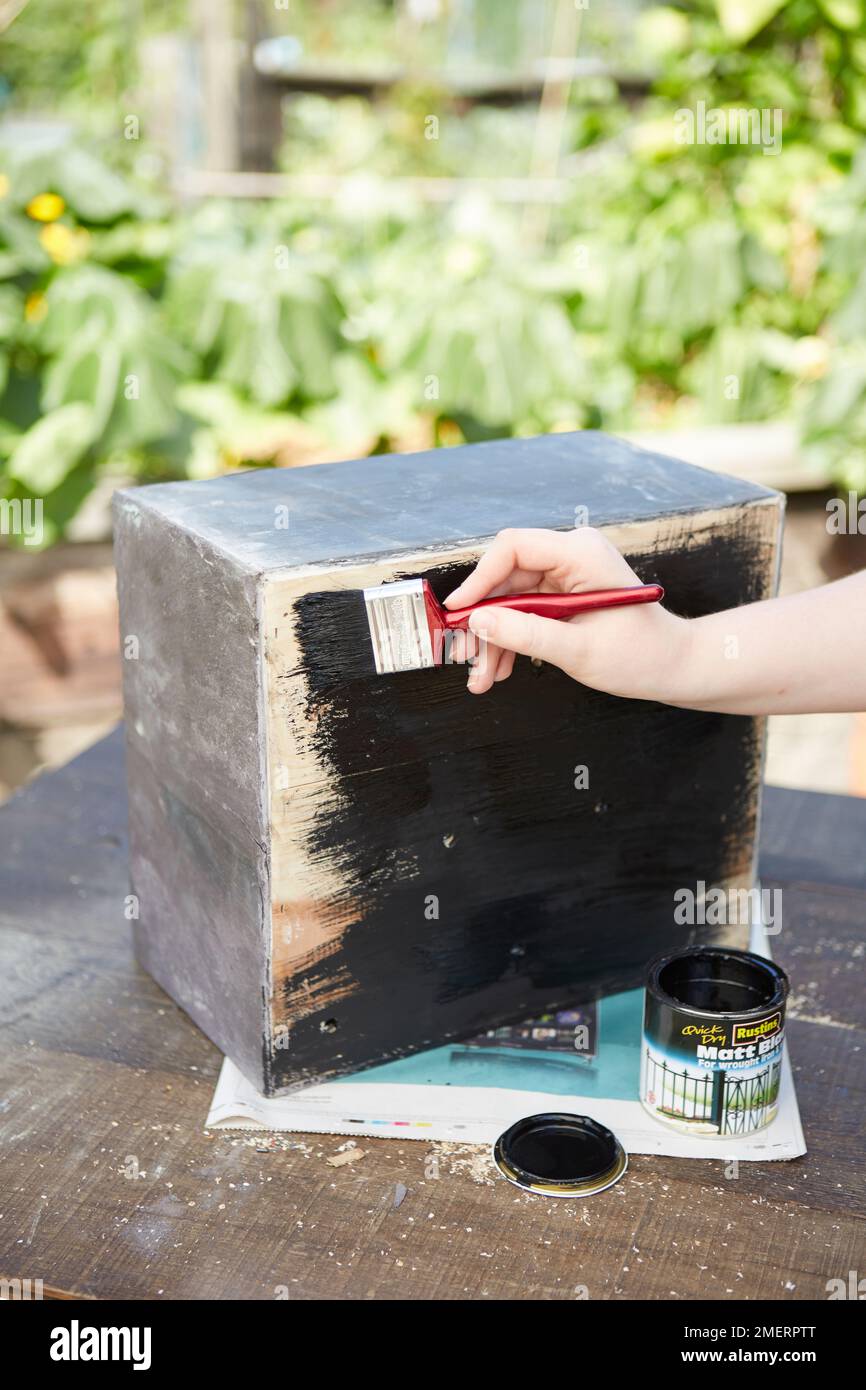 Slate box planter, painting the base and inside with black exterior paint Stock Photo