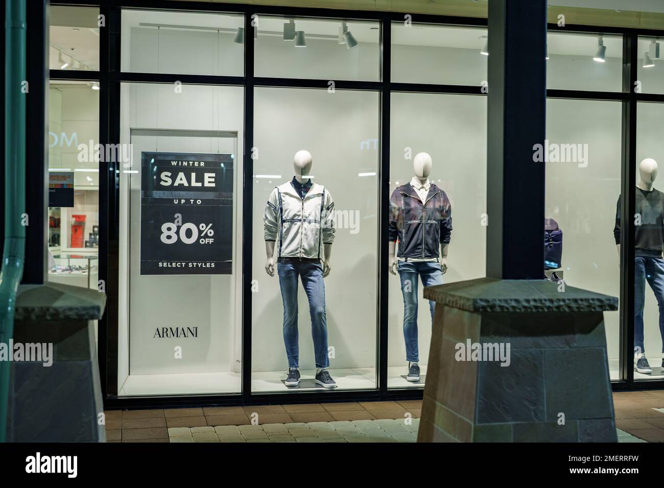 Sunrise, FL, USA - January 23, 2023: Armani winter sale 80 percent off at Sawgrass Mills Mall Stock Photo