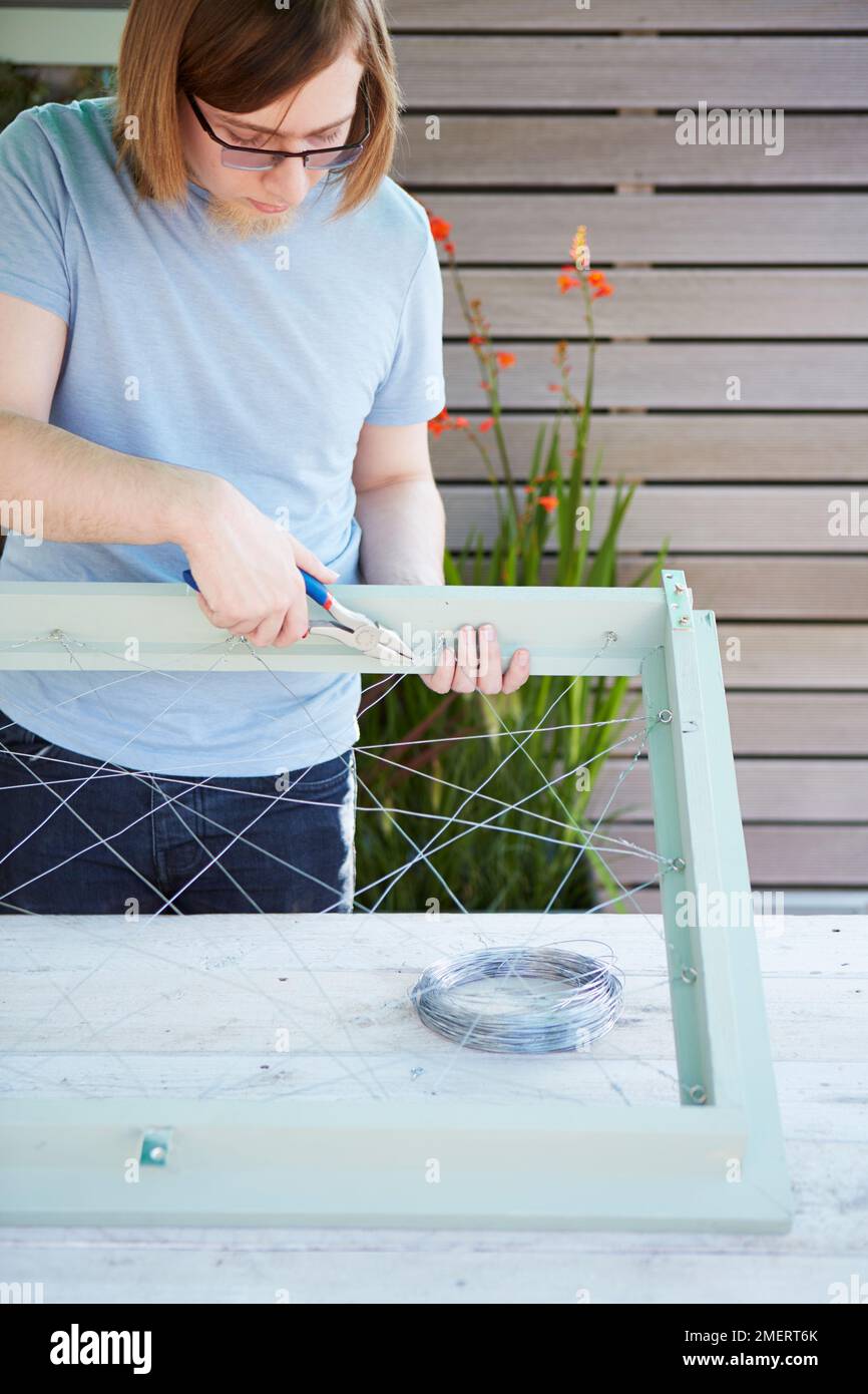 Young man attaching support wires to picture frame, to hang plants