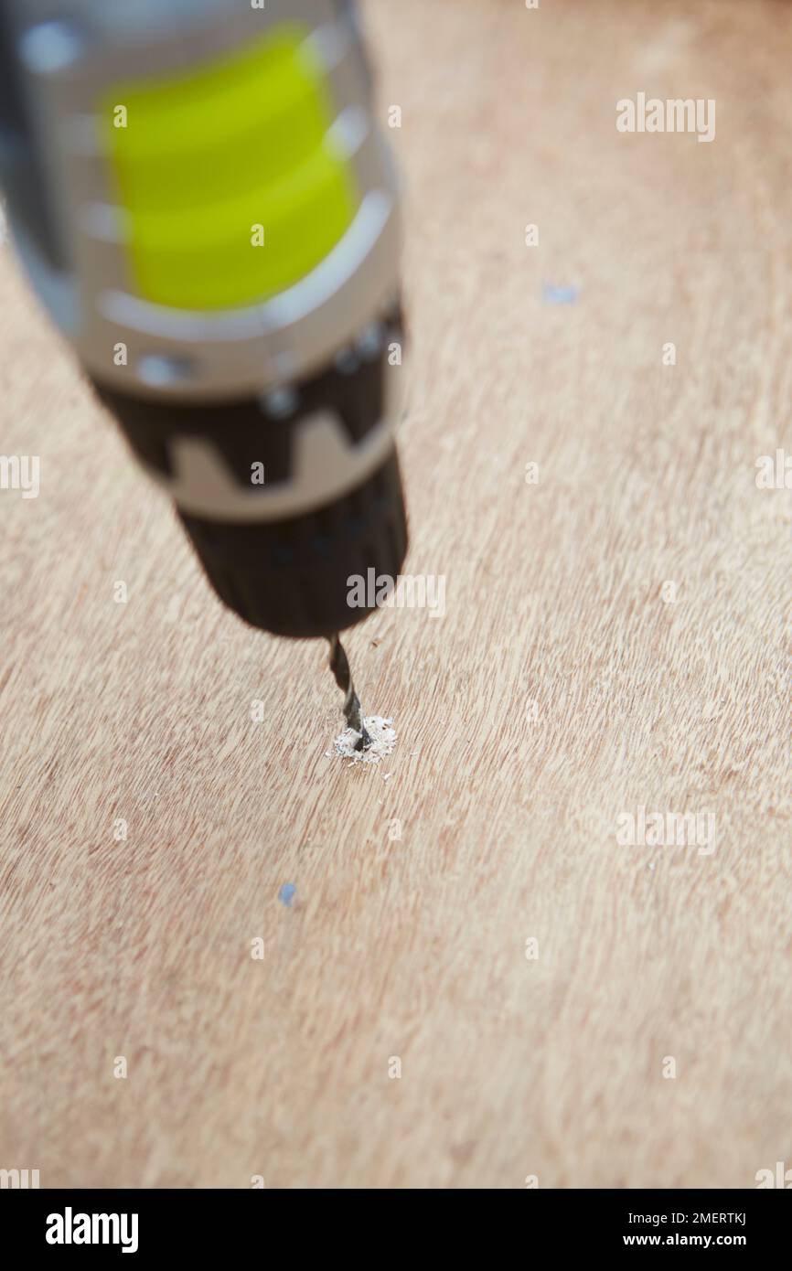 Drilling hole in plywood Stock Photo Alamy