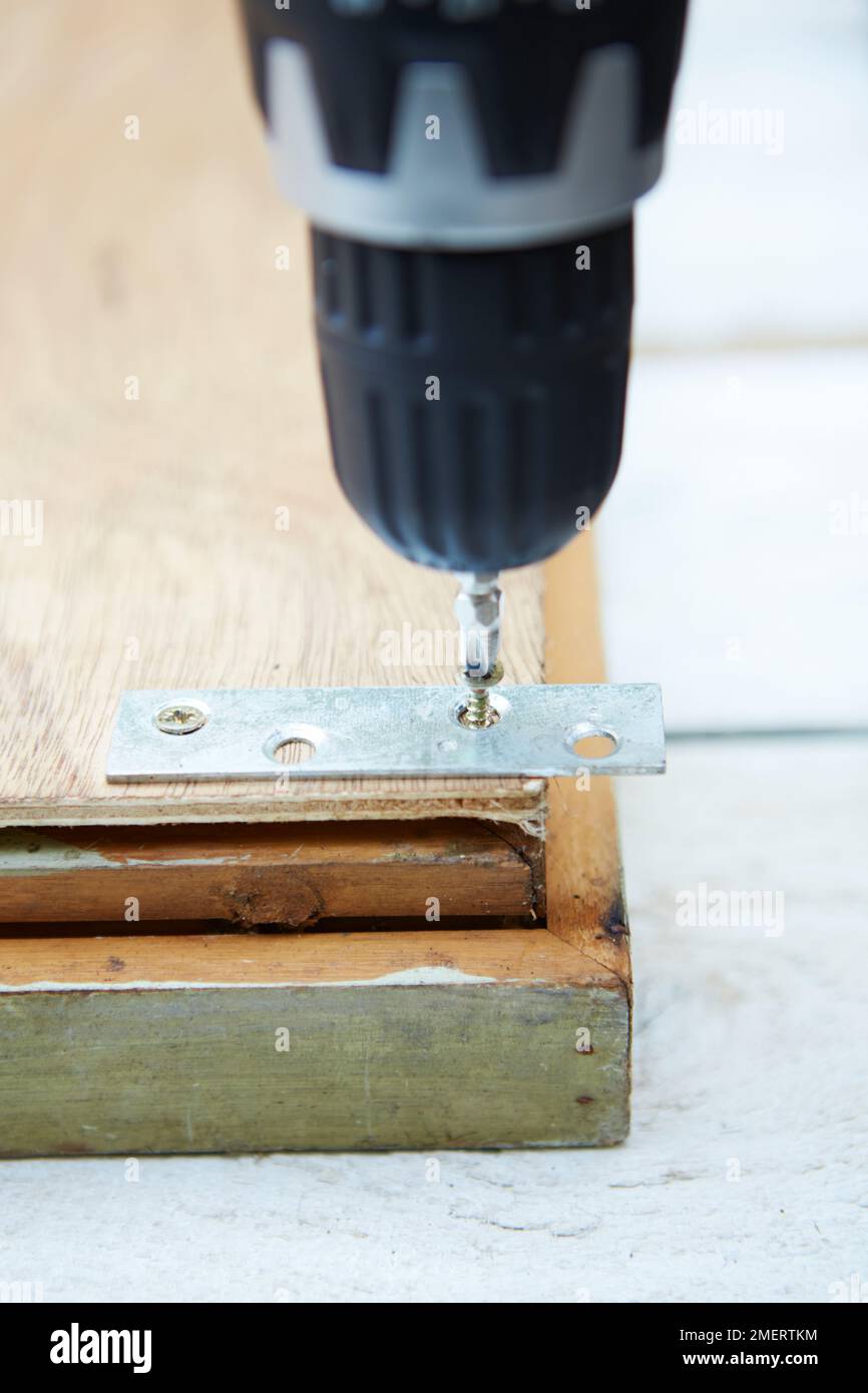 Screwing in wall fixing for picture frame planter Stock Photo Alamy