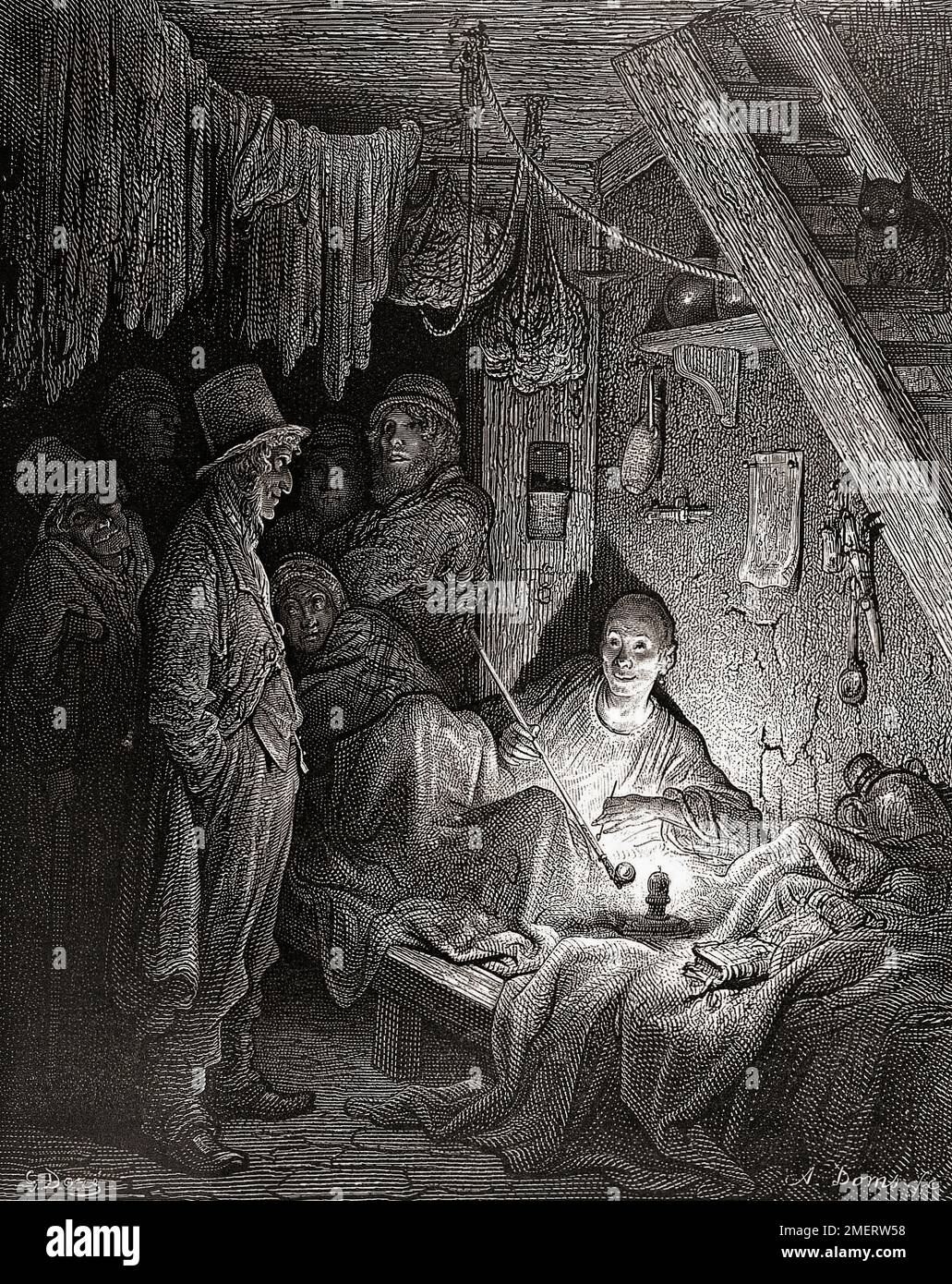An opium den in the slums of East London, 19th century.  After an illustration by Gustave Doré in the 1890 American edition of London: A Pilgrimage written by Blanchard Jerrold and illustrated by Gustave Doré. Stock Photo