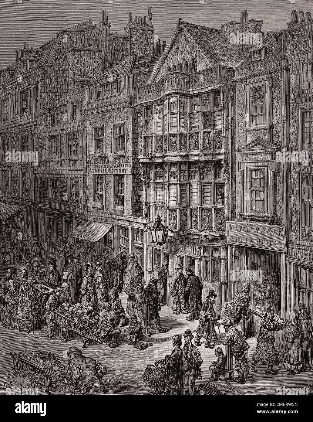 Bishopsgate Street in 19th century London. After an illustration by Gustave Doré in the 1890 American edition of London: A Pilgrimage written by Blanchard Jerrold and illustrated by Gustave Doré. Stock Photo