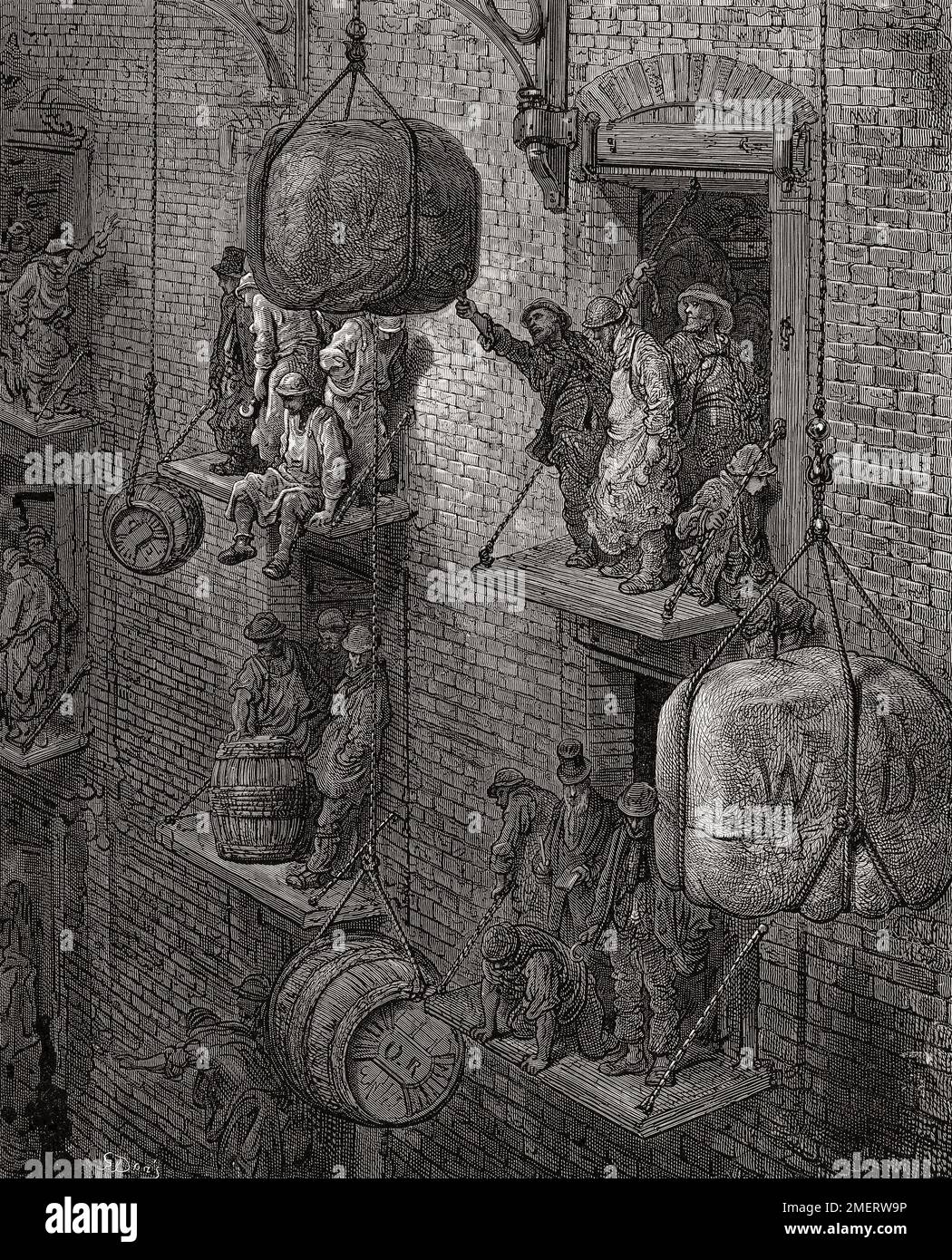 A warehouse in 19th century London.  After an illustration by Gustave Doré in the 1890 American edition of London: A Pilgrimage written by Blanchard Jerrold and illustrated by Gustave Doré. Stock Photo