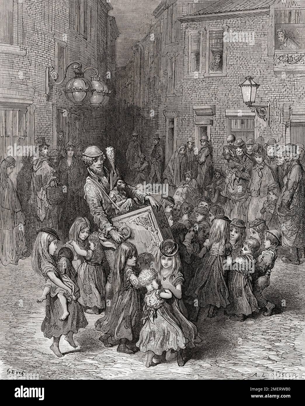 Children dance and play around an organ grinder and his monkey in 19th century London. After an illustration by Gustave Doré in the 1890 American edition of London: A Pilgrimage written by Blanchard Jerrold and illustrated by Gustave Doré. Stock Photo