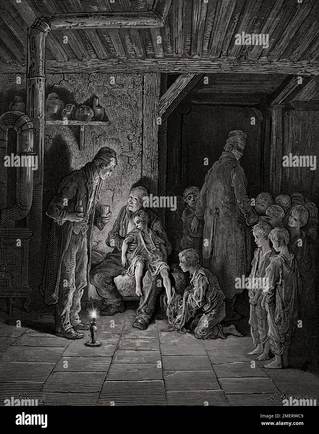 Homeless children in 19th century London.  An old man comforts a child at a refuge for abandoned children.  Another man ushers concerned children away from the scene.  After an illustration by Gustave Doré in the 1890 American edition of London: A Pilgrimage written by Blanchard Jerrold and illustrated by Gustave Doré. Stock Photo