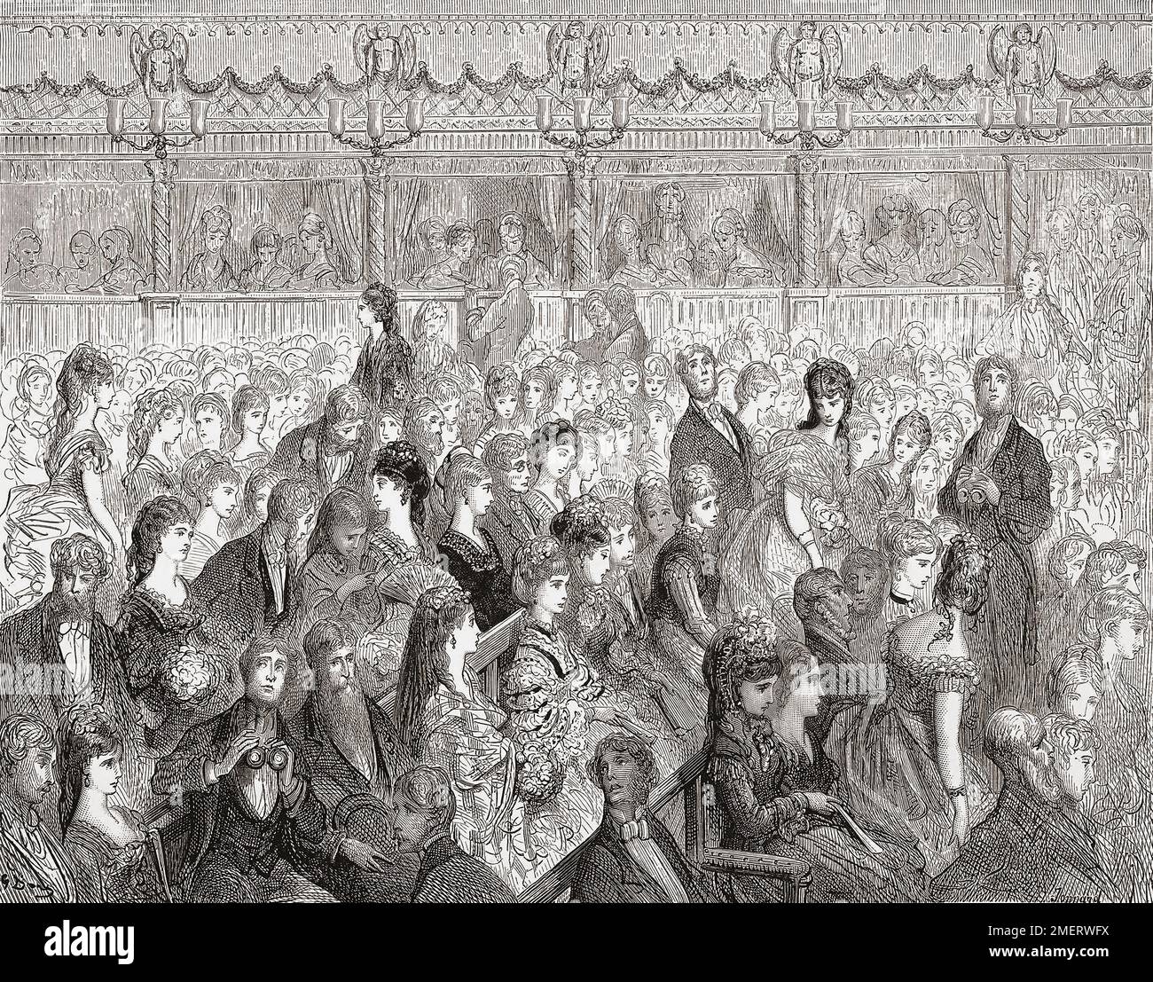 Fashionable audience in the stalls of the Royal Opera House, Covent Garden London in the 19th century. After an illustration by Gustave Doré in the 1890 American edition of London: A Pilgrimage written by Blanchard Jerrold and illustrated by Gustave Doré. Stock Photo
