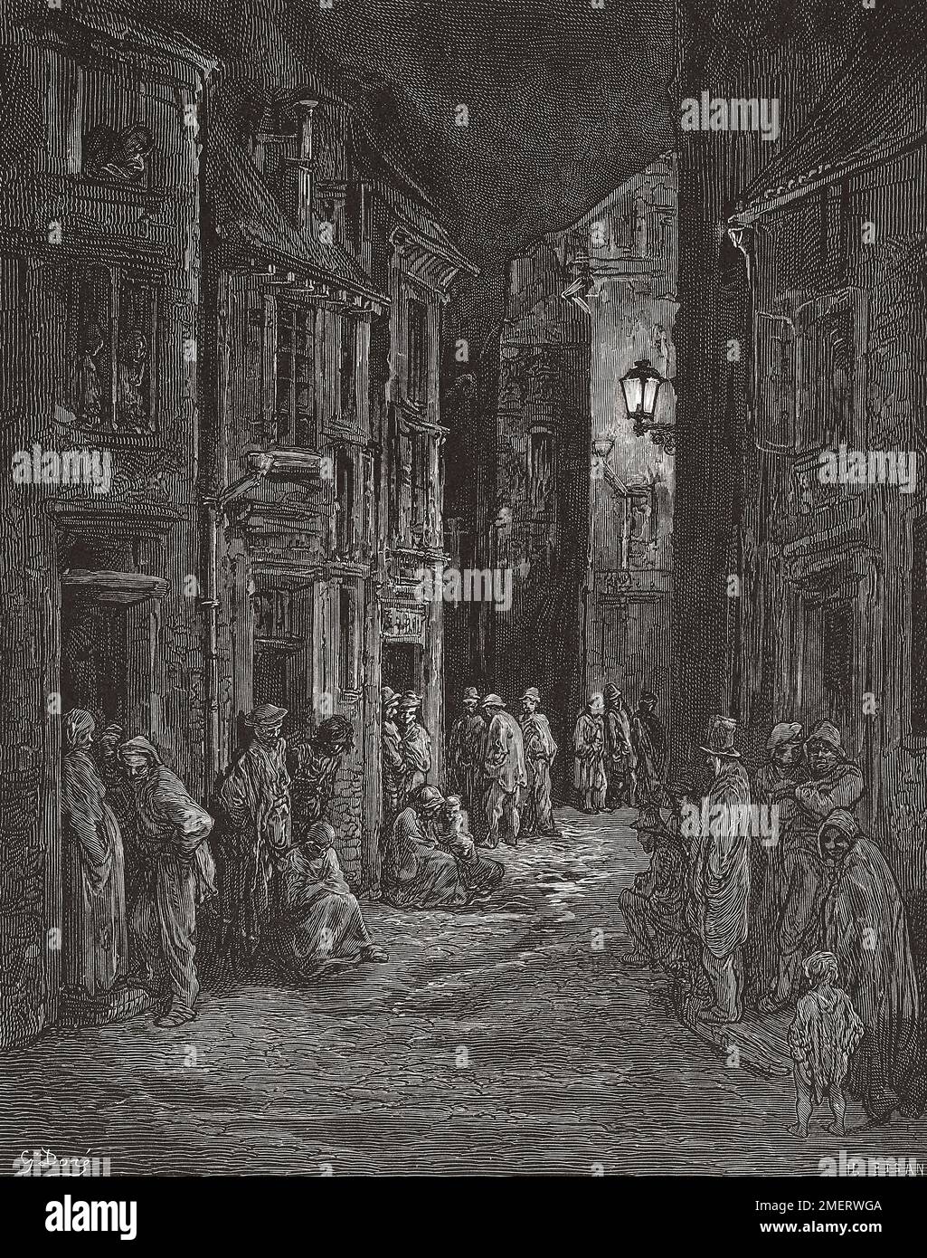 Bluegate Fields, Shadwell, one of the worst slums in London in the 19th century.  After an illustration by Gustave Doré in the 1890 American edition of London: A Pilgrimage written by Blanchard Jerrold and illustrated by Gustave Doré. Stock Photo
