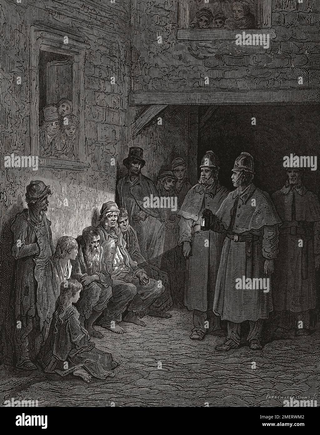 A police patrol in 19th century London shine a bullseye lantern onto a group of homeless and destitute people.  After an illustration by Gustave Doré in the 1890 American edition of London: A Pilgrimage written by Blanchard Jerrold and illustrated by Gustave Doré. Stock Photo