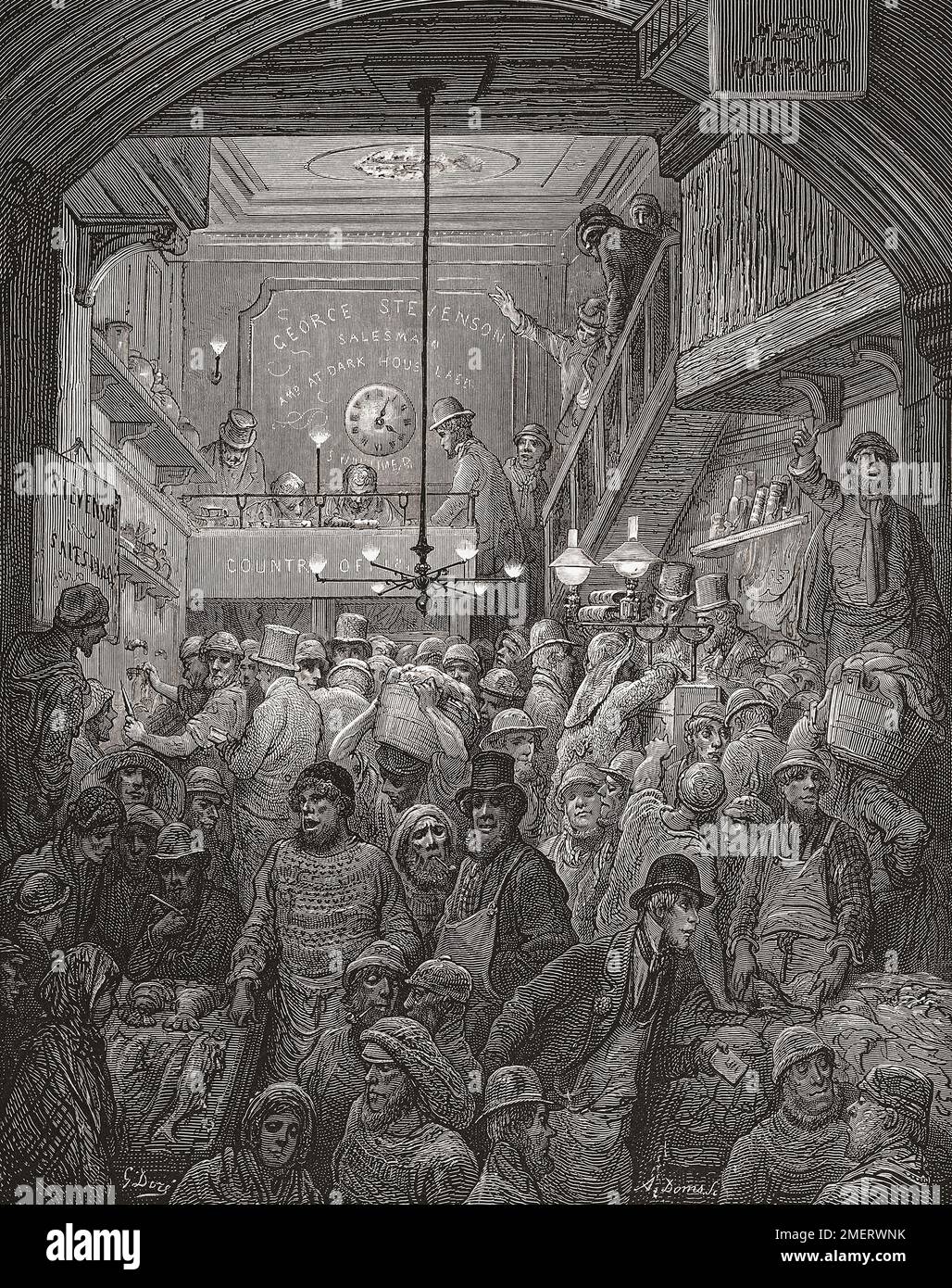 Early morning in Billingsgate fish market, 19th century London.  After an illustration by Gustave Doré in the 1890 American edition of London: A Pilgrimage written by Blanchard Jerrold and illustrated by Gustave Doré. Stock Photo