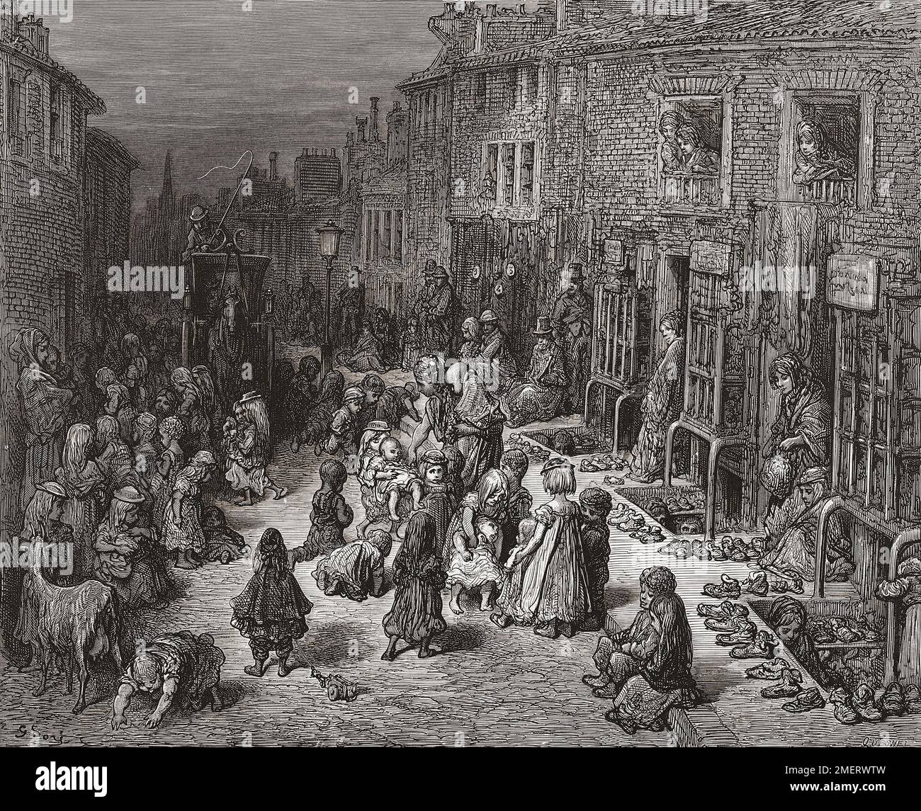 Seven Dials, Covent Garden, 19th century.  After an illustration by Gustave Doré in the 1890 American edition of London: A Pilgrimage written by Blanchard Jerrold and illustrated by Gustave Doré. Stock Photo