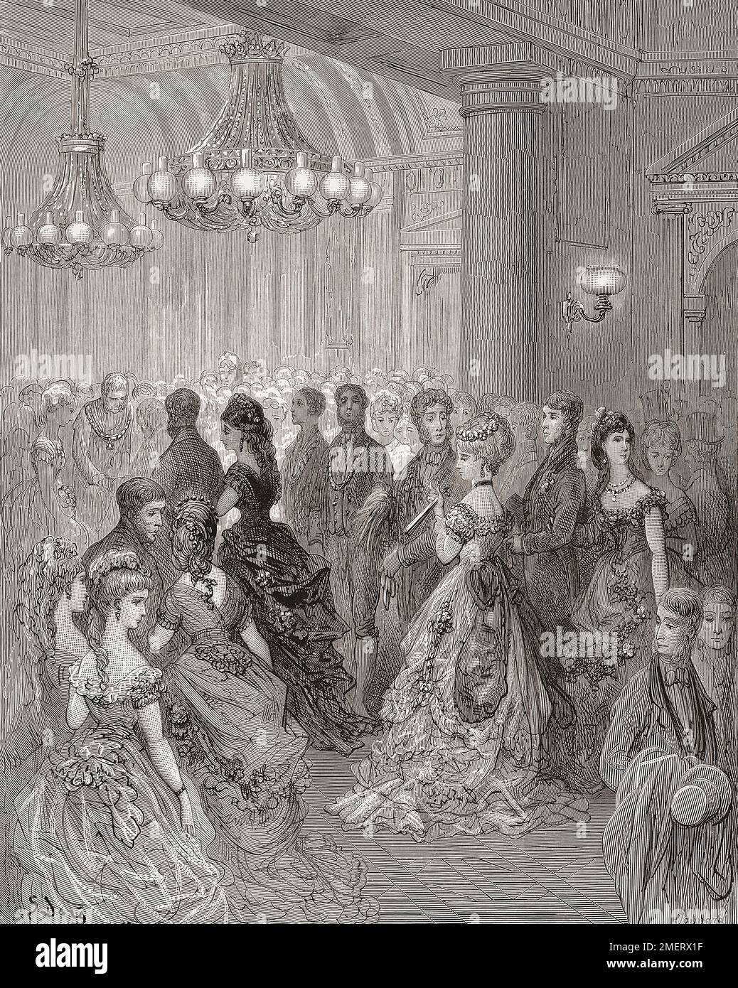 A ball at Mansion House London, 19th century.  Mansion House is the official residence of Lord Mayor of London.  In the picture the Lord Mayor is seen greeting guests.  After an illustration by Gustave Doré in the 1890 American edition of London: A Pilgrimage written by Blanchard Jerrold and illustrated by Gustave Doré. Stock Photo