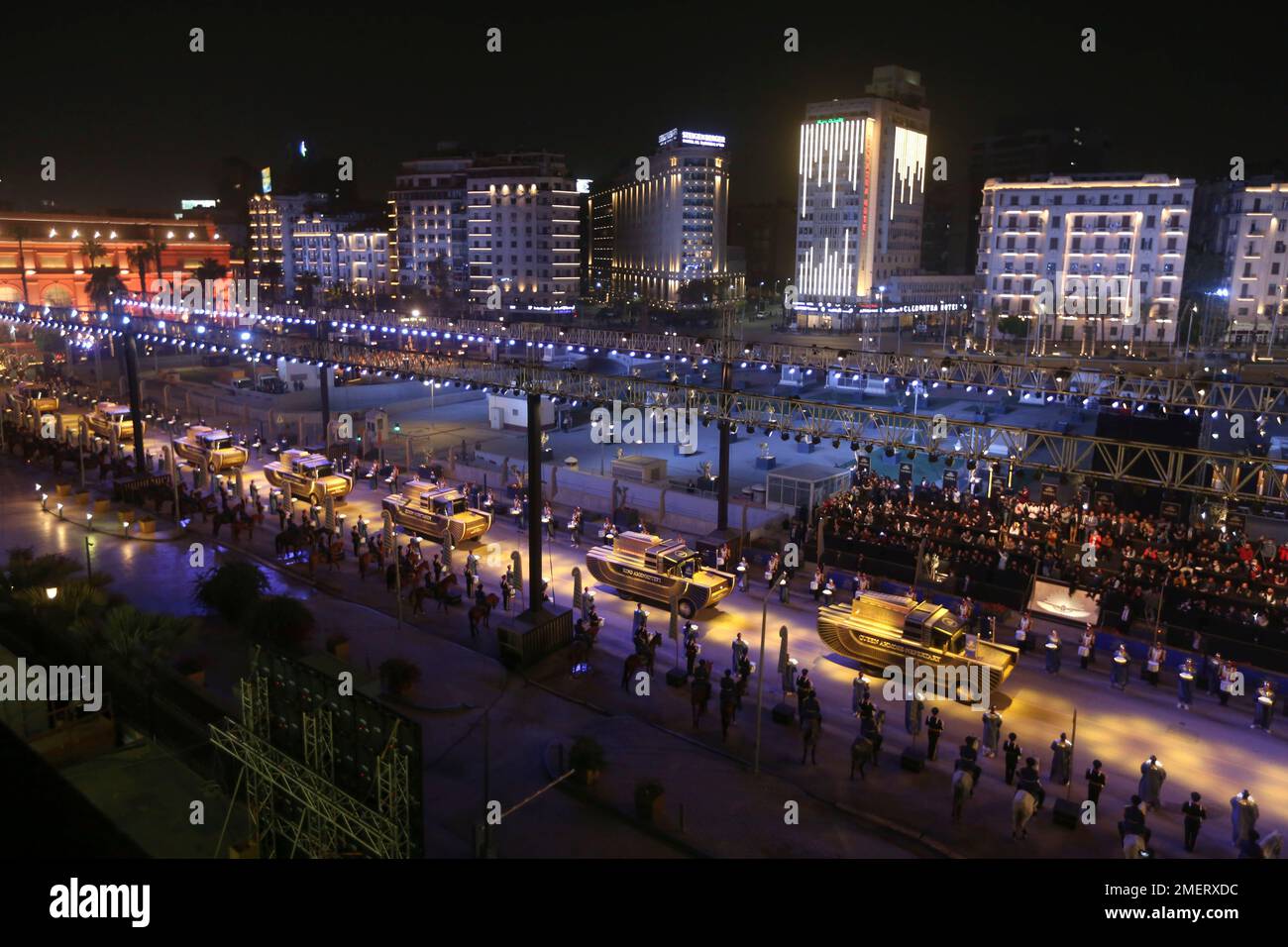 A convoy of vehicles transporting royal mummies is seen in Cairo, Egypt