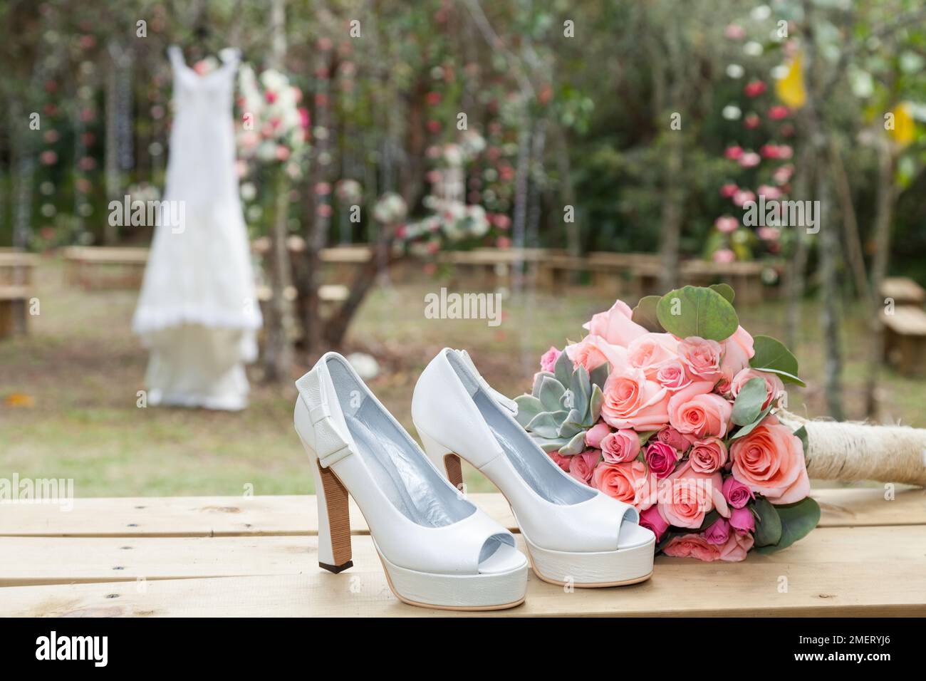 Shoes And Bouquet For The Bride On Wedding Day. Stock Photo
