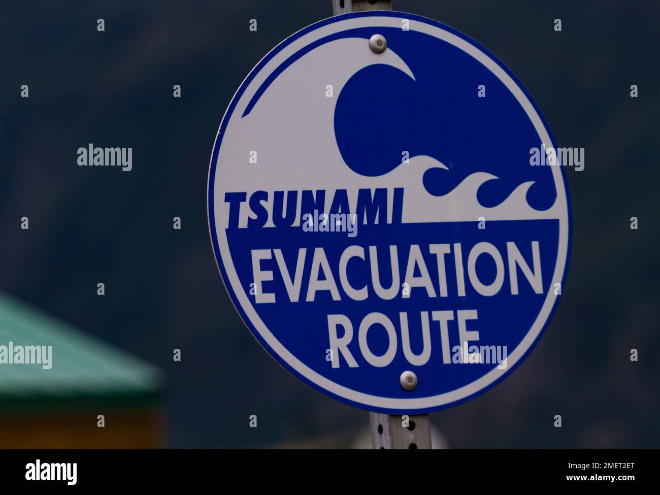 Road sign indicating emergency Tsunami Evacuation Route is public safety help in natural disaster in Valdez, Alaska, USA Stock Photo