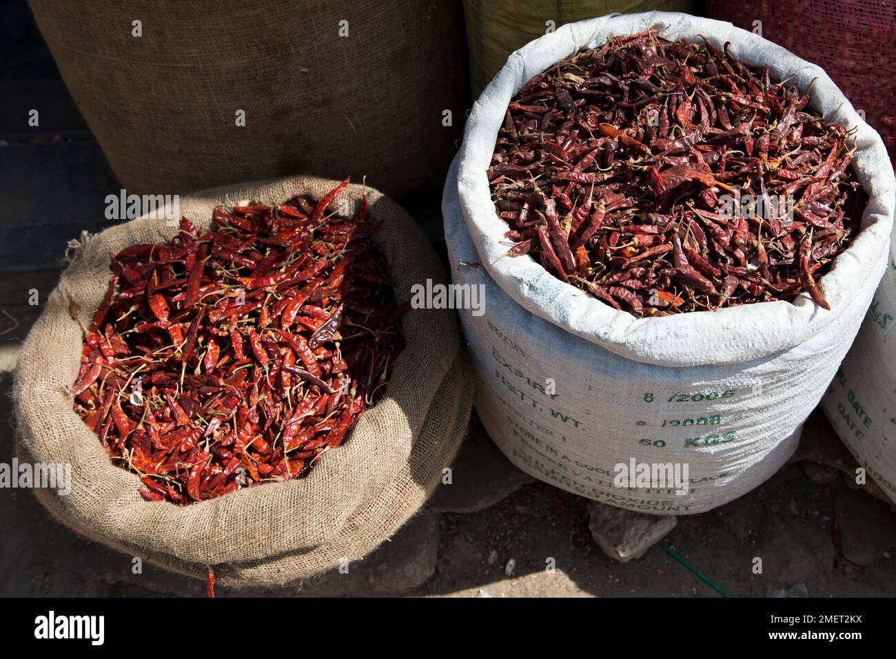 Jaffna Town, North Eastern Province, Produce Market, Sri Lanka, sacks of spices (chillies) Stock Photo