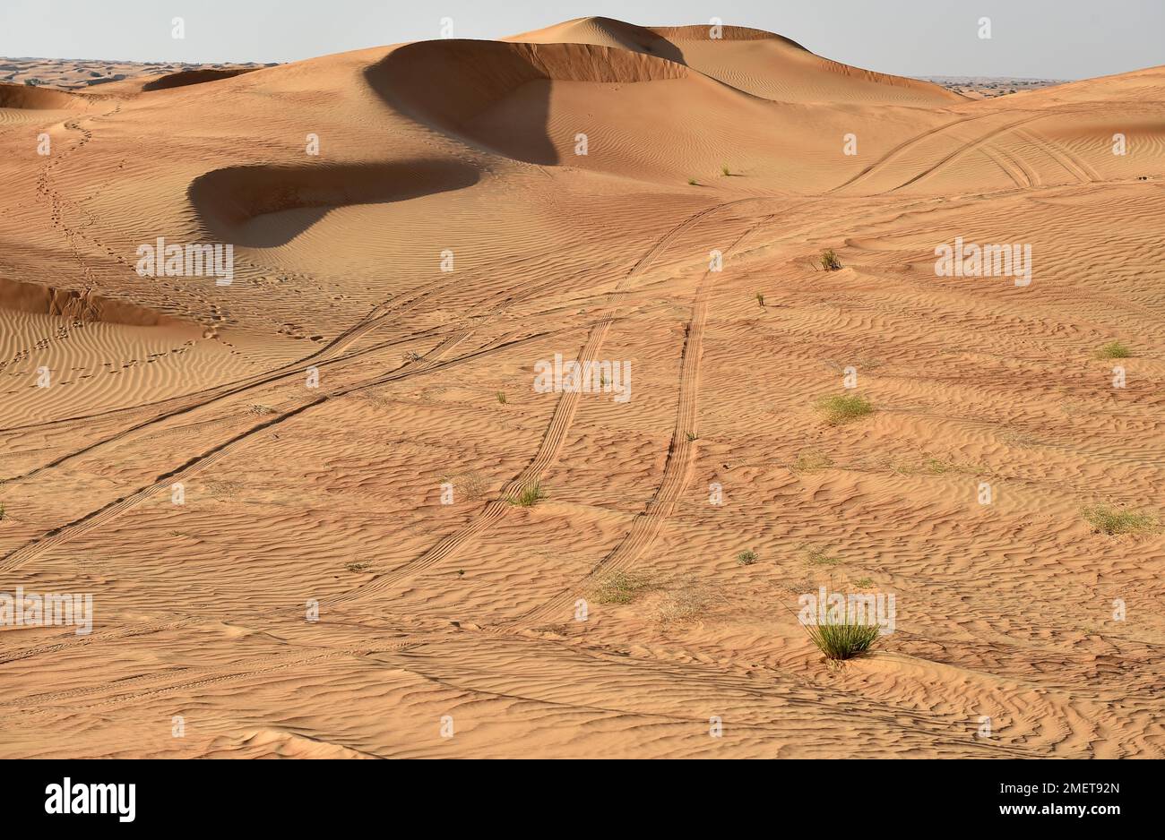 Car tracks in the sand desert near Dubai, United Arab Emirates Stock Photo