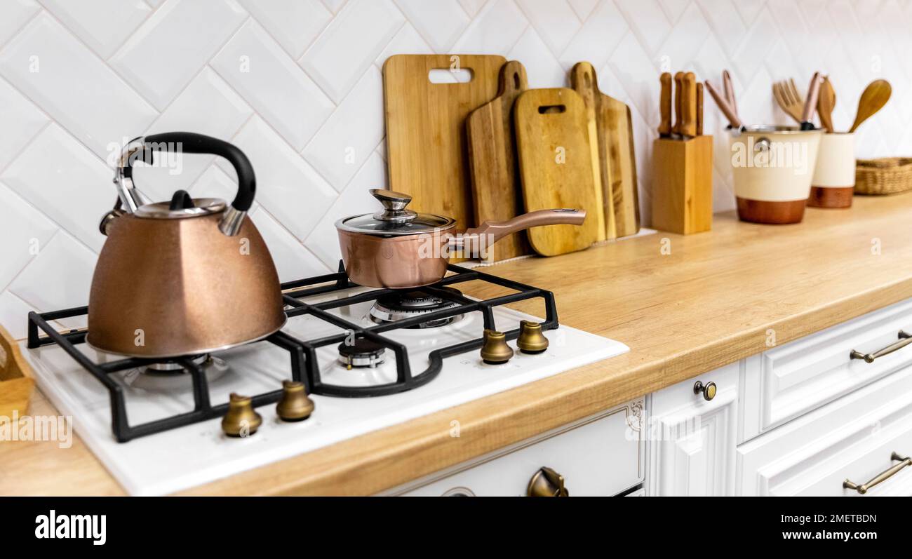 teapot kitchen stove interior design Stock Photo