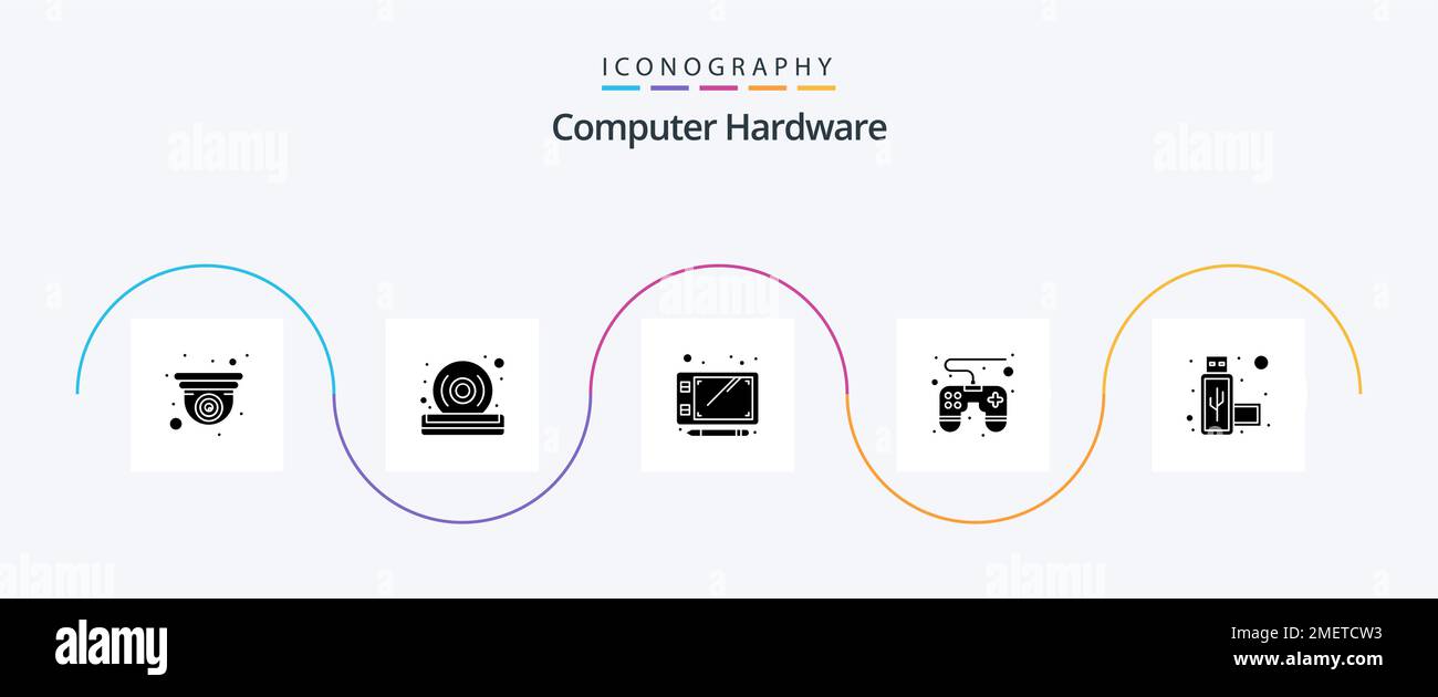 Computer Hardware Glyph 5 Icon Pack Including . port. pen. connection. game pad Stock Vector